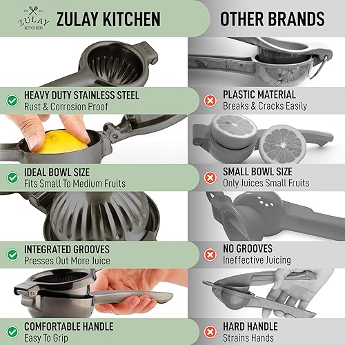 Miniatura 8 de Zulay Kitchen Exprimidor de limón extra grande de acero inoxidable, fácil de apretar y resistente, exprimidor de limón, exprimidor ergonómico de