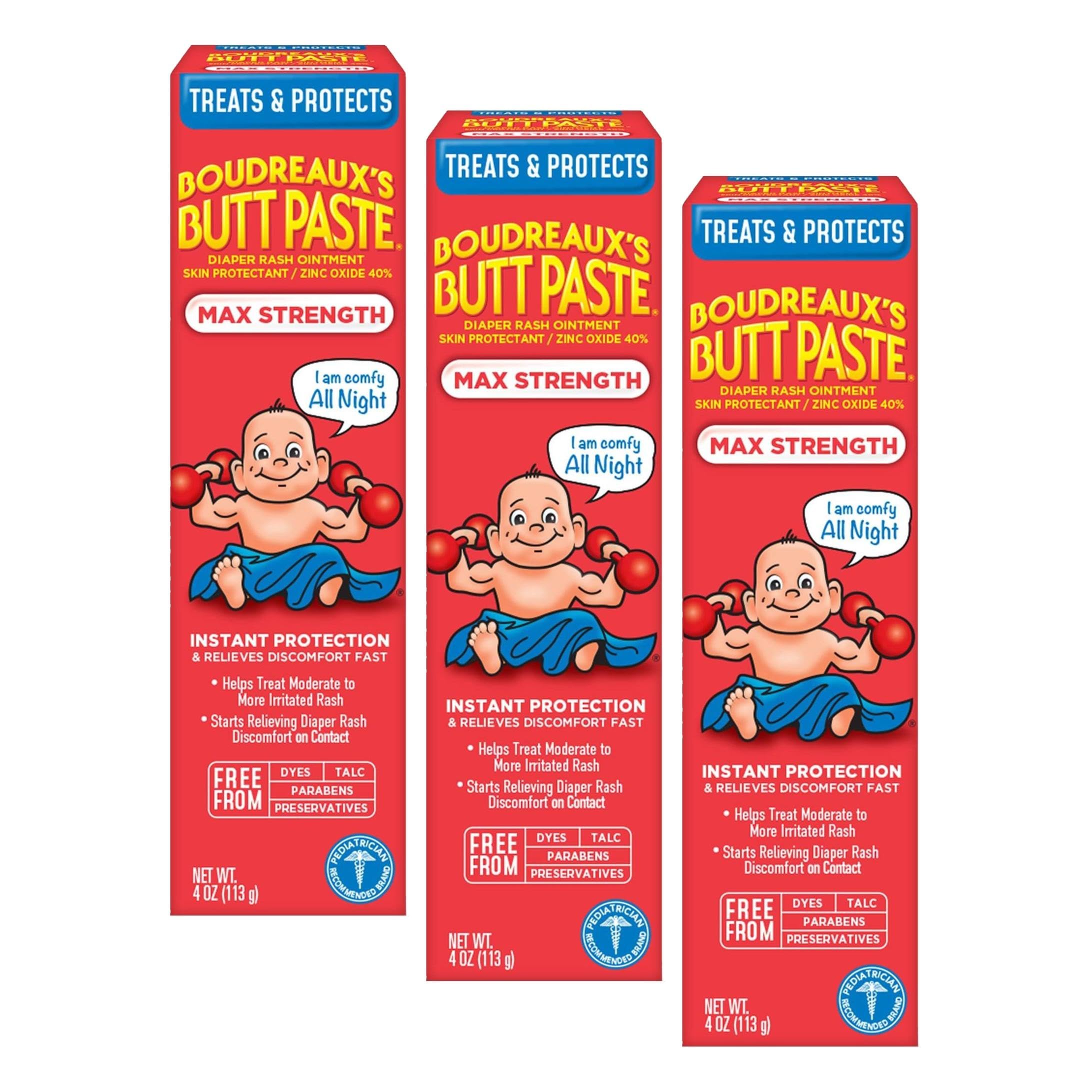 Boudreaux's Butt Paste Maximum Strength Diaper Rash Cream, Ointment | For Baby | 4 oz Tube | Pack of 3 4 Fl Oz (Pack of 3)