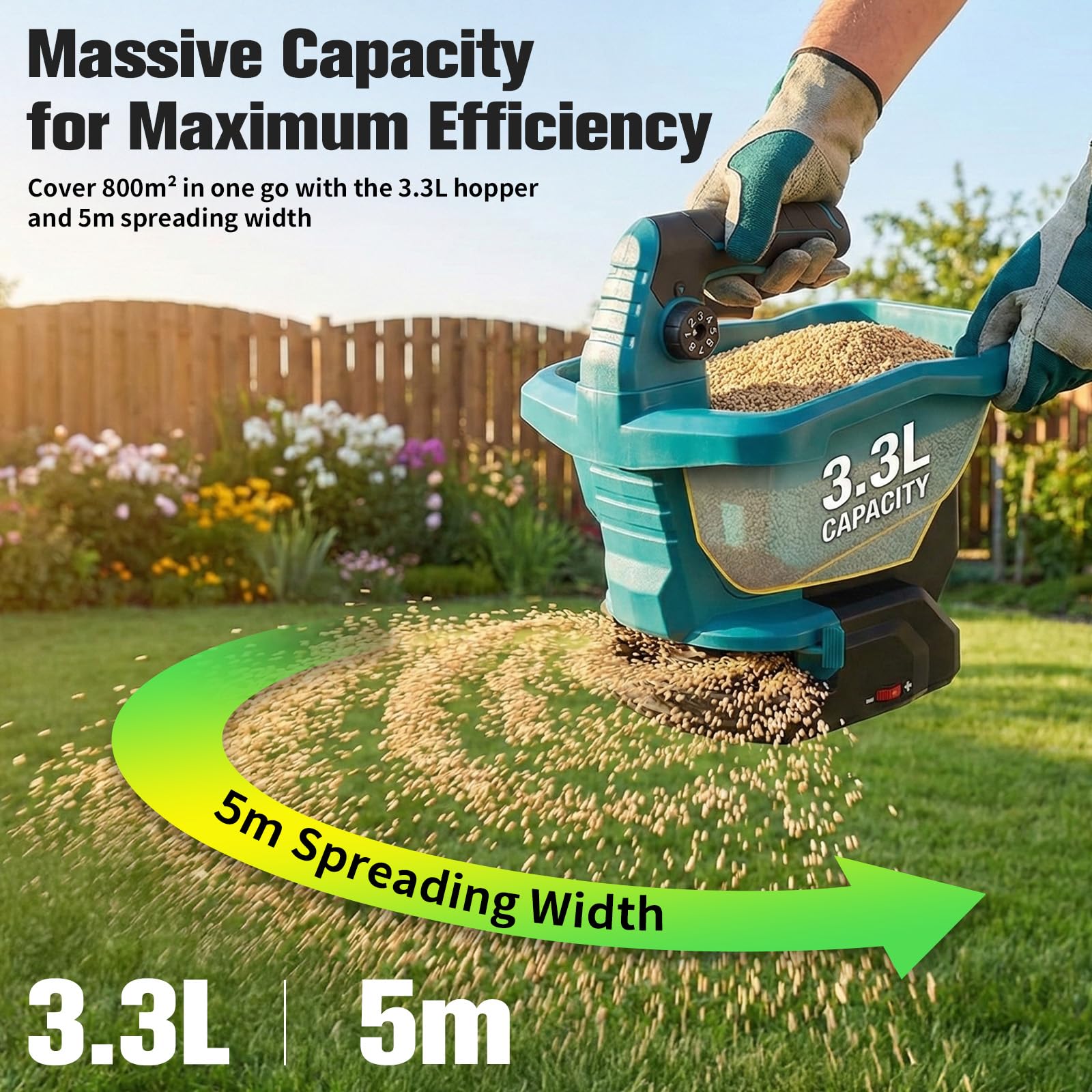 Esparcidor de abono inalámbrico compatible con batería Makita de 18 V, 3,3 litros, carro de siembra y esparcidor manual para fertilizantes, semillas, sal de carretera, 5 m de ancho, 6 velocidades y 8