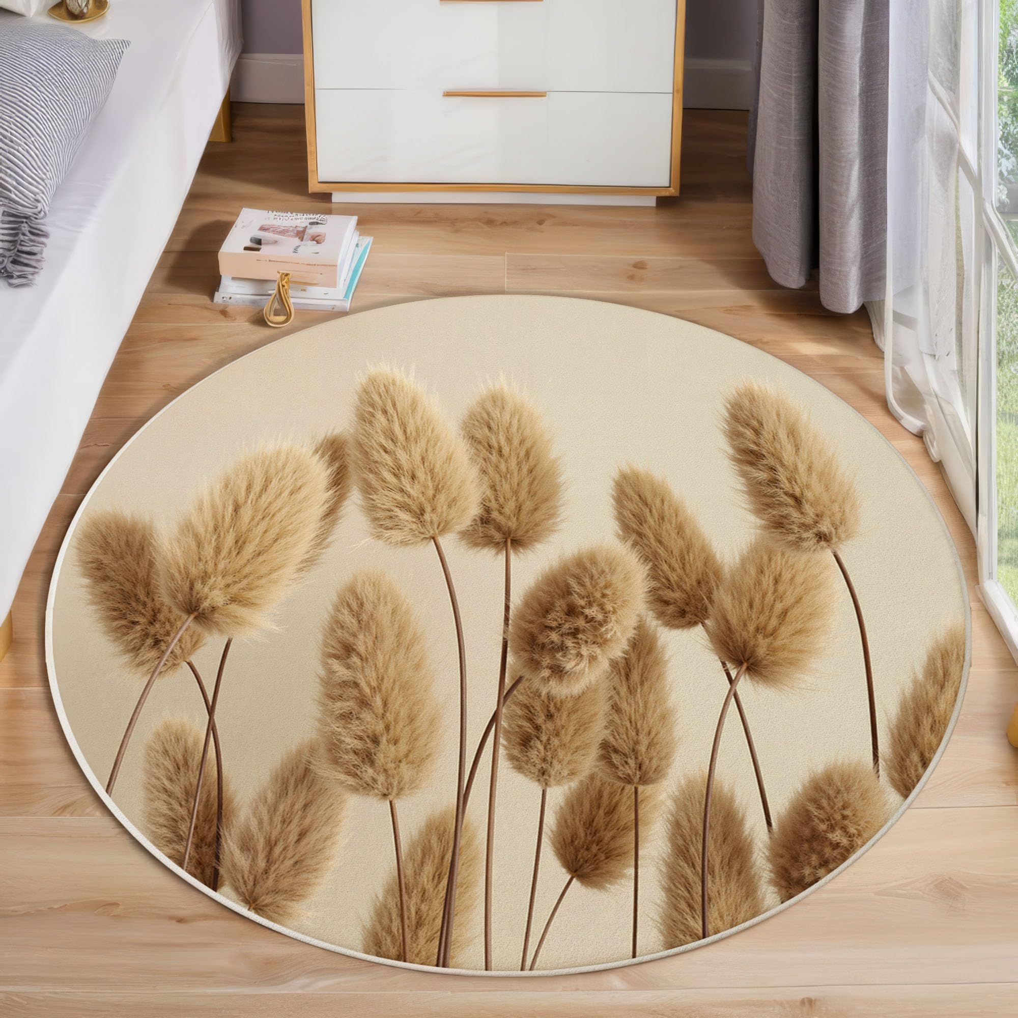 Alfombra Redonda Hierba Cola Conejo Esponjosa, 100cm Alfombras de Pelo Corto Suave Sencillez Natural Tapetes Antideslizante y Lavables para Sala de Estar, Dormitorio y Habitación Infantil, Beige