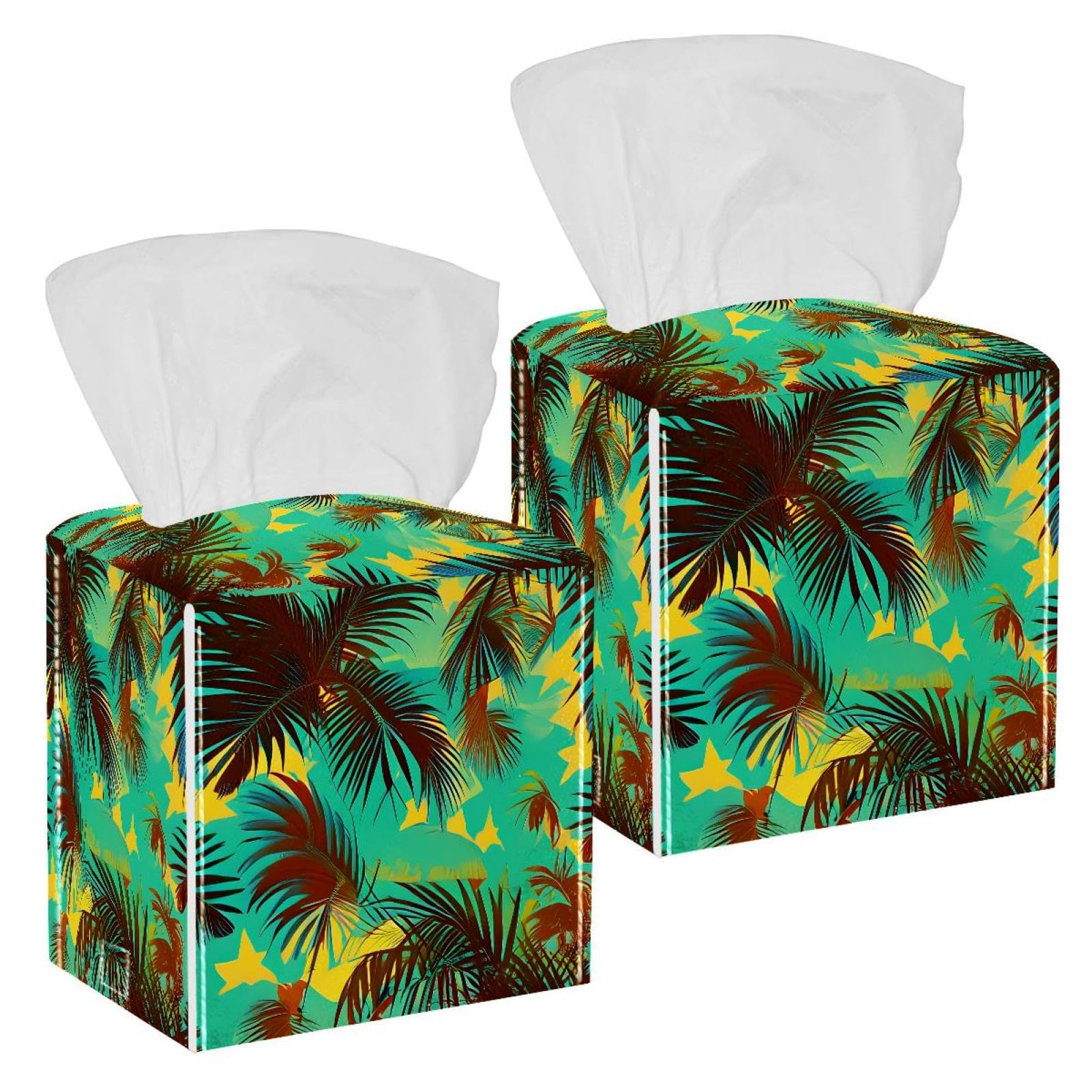 Coconut Leaves Tissue Box Cover, 2 Pack PU Leather Square Facial Tissue Dispenser Box holder for Home Office Car
