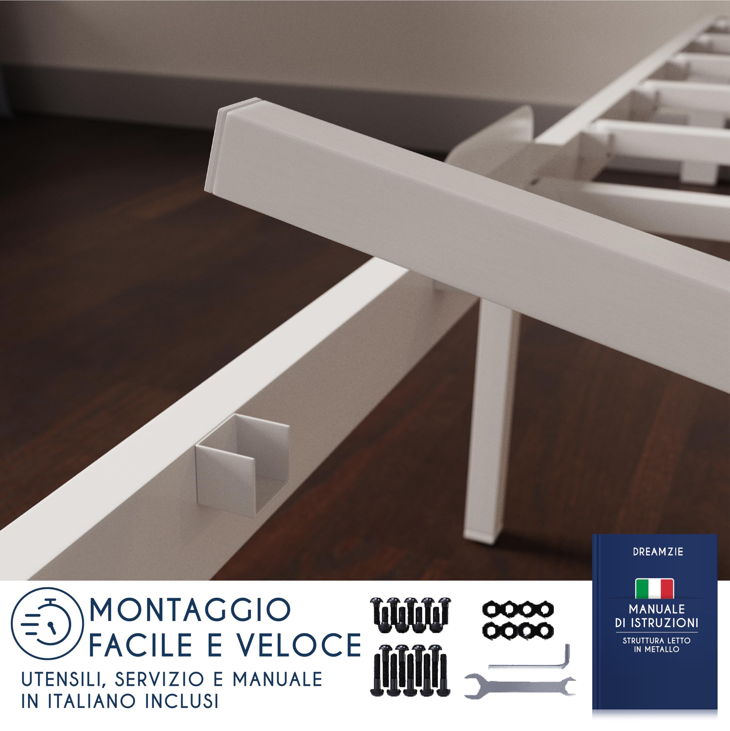 Dreamzie Strutura Letto 90x190 con Rete Singola Metallica Bianca - Altezza 35 cm - Letto Singolo 90x190 con Piedi