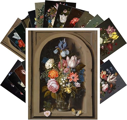 PIXILUV Balthasar - Postales vintage, 24 postales vintage, 24 piezas, flores, bouquet de todavía, vida antigua, museo, pintura artística por