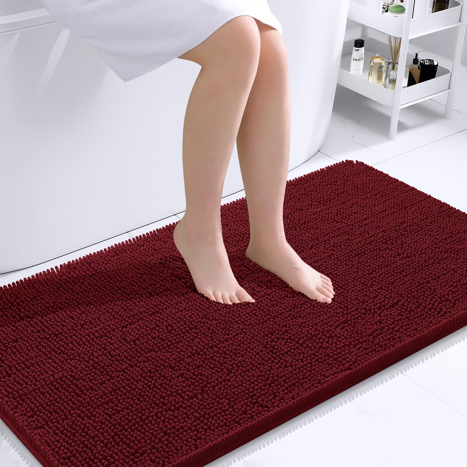 OLANLY Bathroom Runner Rugs 44x24, Extra Soft Absorbent Chenille Bath Rugs | Burgundy, Quick-Drying Rubber Backing, Washable Long Bath Mat for Bathroom Floor, Tub and Shower, Home Decor Accessories