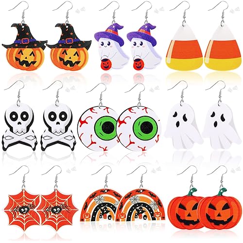 9 Pairs Halloween Faux Leather Earrings for Women Pumpkin Spider