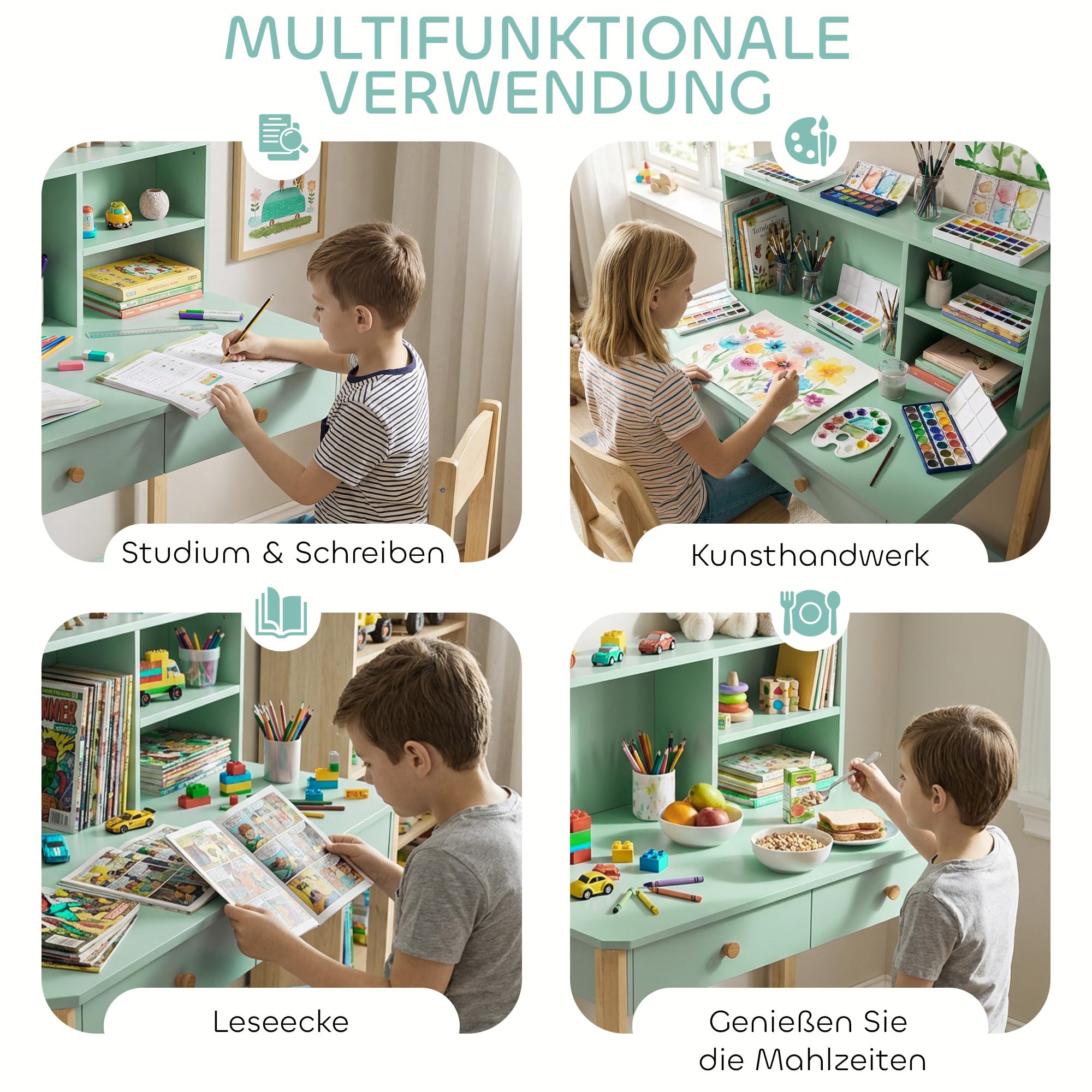 AIYAPLAY Kinderschreibtisch Schülerschreibtisch mit Schubladen Regal Stauraum 90 x 52 x 105 cm Kinder Schreibtisch für 5-12 Jahre Kinder, zum Lernen, Lesen, Malen, Basteln, Spielen Grün