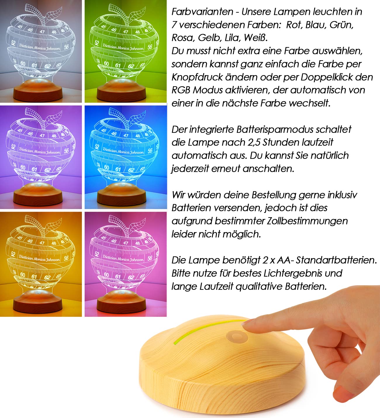 Lampada personalizzata 3D Mela led per Fitness Yoga colleghi di lavoro nutrizionisti assistente dietetico personalizzato