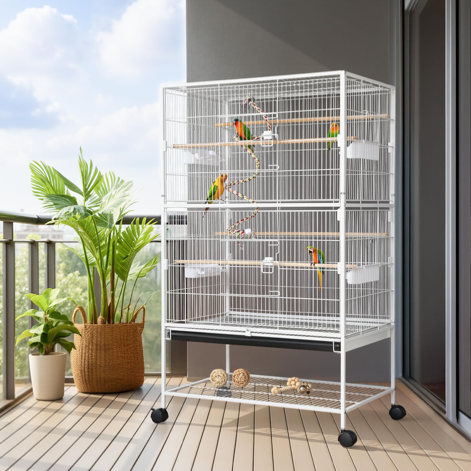 LIFERUN Vogelkäfig groß, Vogelkäfig aus Metall, Vogelbauer mit 4PCS Rollen, Wellensittich käfig mit Futternapf, Käfigspielzeug, Spring-Schaukel für Vogel mit 2 Türen 4 Holzstangen, 132 x 78 x 52 cm