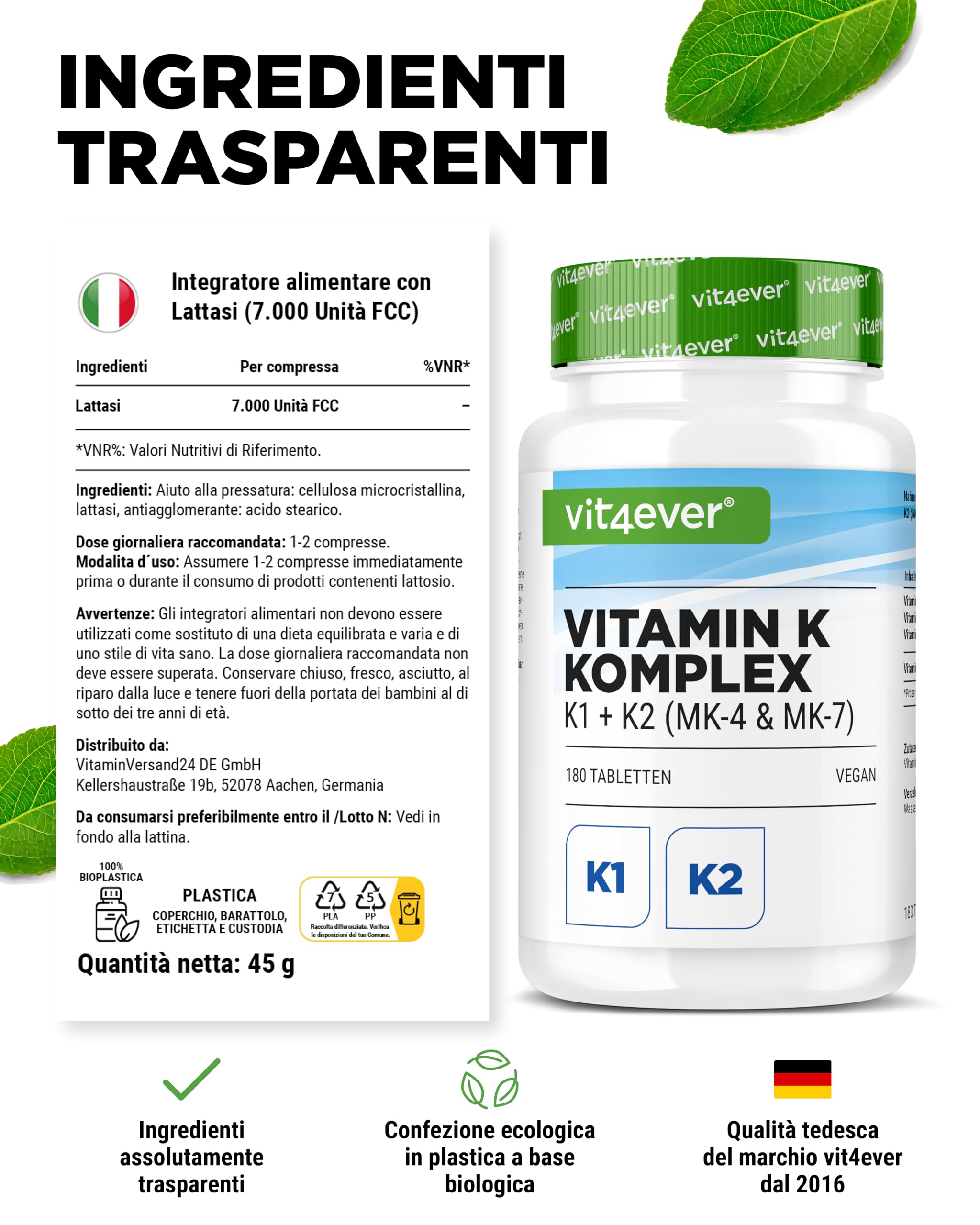 Complesso di Vitamina K - 180 Compresse - Alto Dosaggio con 1.000 µg di Vitamina K1 + K2 Menachinone (1.000 µg MK4 + 200 µg MK7) - Senza additivi inutili, vegano