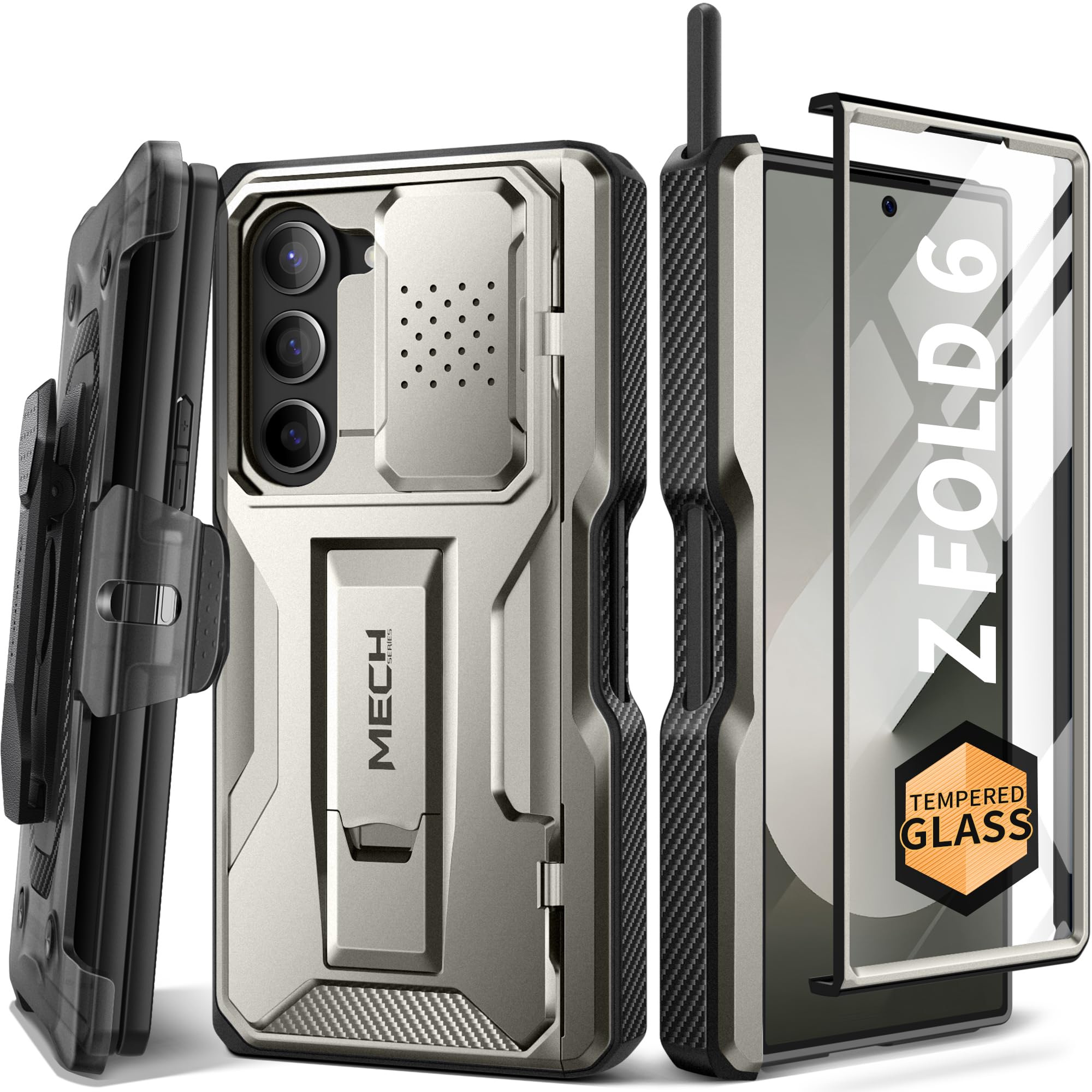 TONGATE for Samsung Galaxy Z Fold 6 Case, [with S Pen Slot & Hinge Protection] [Tempered Glass Screen Protector] Full-Body Military Drop Phone Case with Kickstand & Belt Clip, Gray