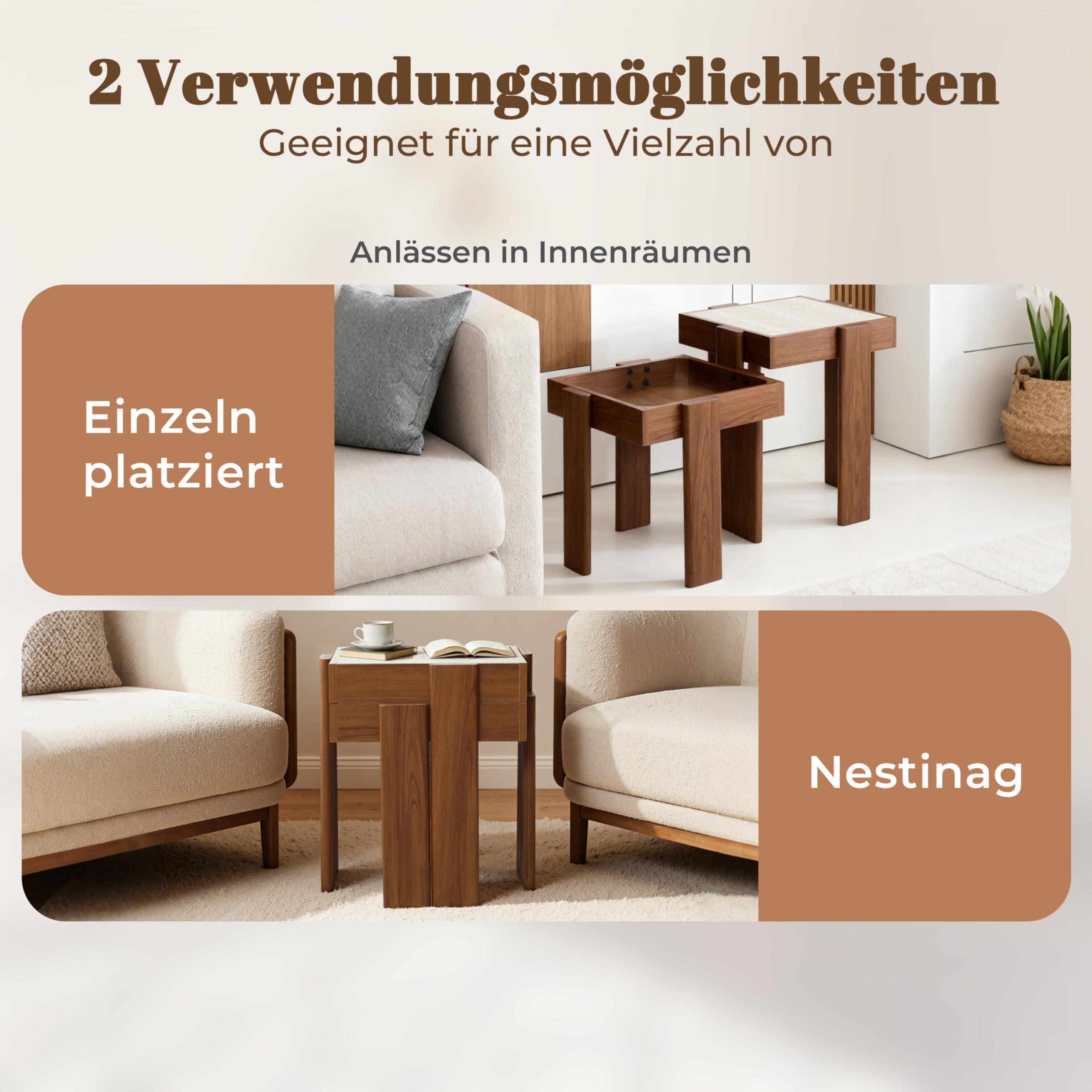 Hometopia 2er Set Beistelltische Quadratisch - Moderner Satztisch in Walnuss-Optik mit Stein-Dekor - Platzsparender Couchtisch & Nachttisch für Wohnzimmer & Schlafzimmer - Nesting Design