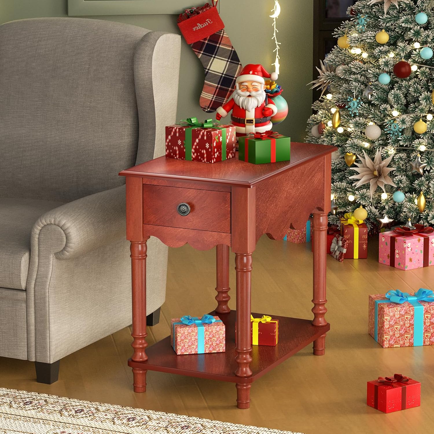 ROOMTEC Solid Wood End Table with Drawer and Shelf, Narrow Side Table Living Room, Vintage Wood Narrow Sofa Side Table, Arc Border Deco, Nightstand for Bedroom, 14" W x 22" D x 24.8" H