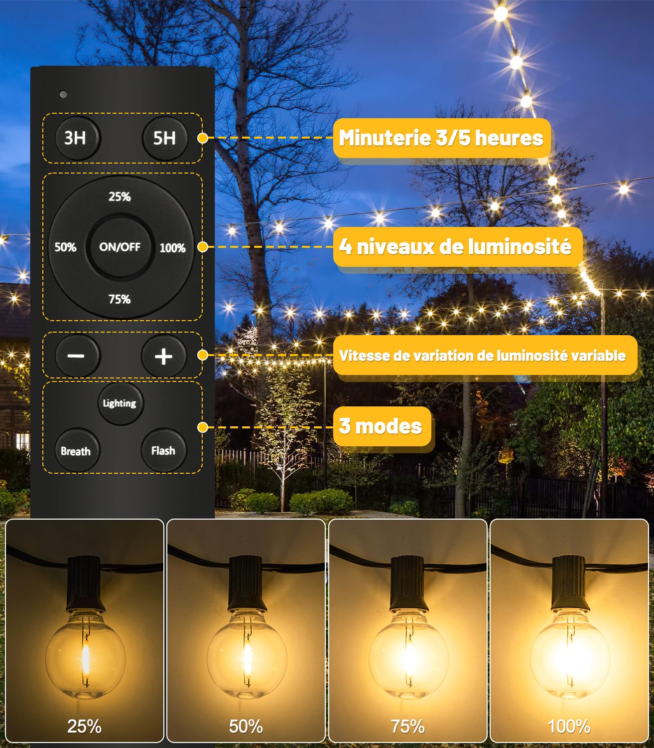 45M - Guirnalda luminosa exterior LED 150 ft G40 con mando a distancia regulable para jardín, terraza, boda, pérgola