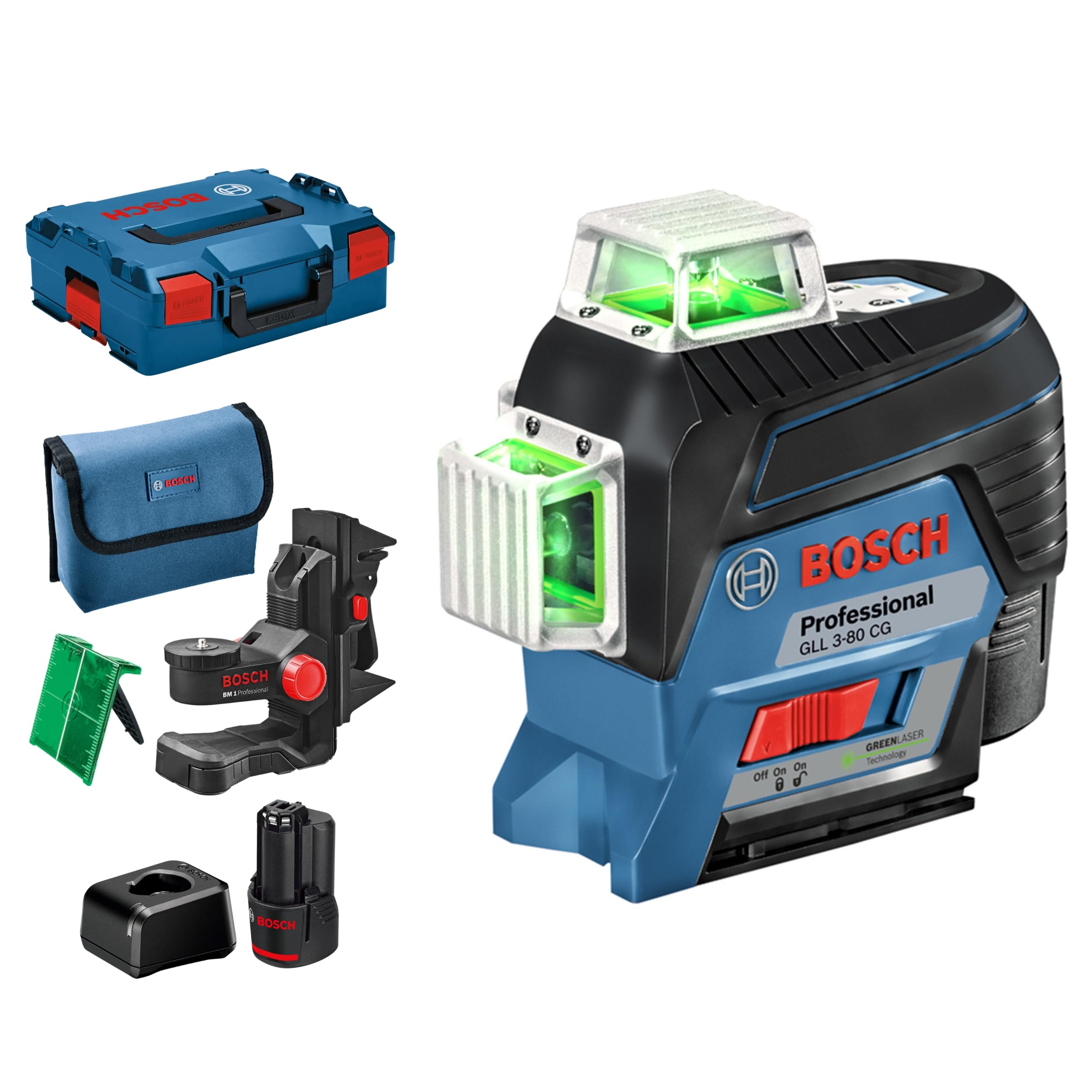 Bosch Professional 12V System laser lignes GLL 3-​80 CG (2 batteries 12 V, chargeur, laser vert, avec application mobile dédiée, support, portée : jusqu'à 30 m, dans une L-​BOXX) – Amazon Exclusive