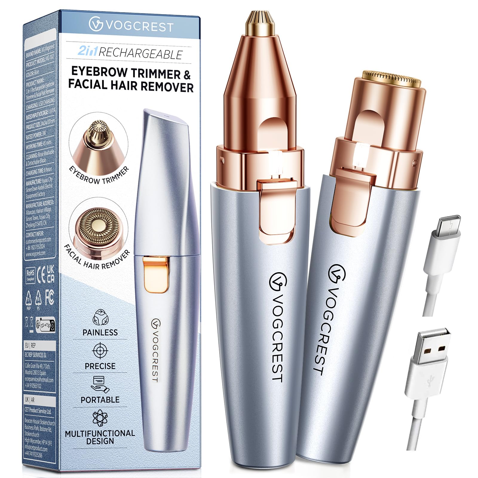 VG VOGCREST Eyebrow Facial Trimmer: 2 in1 Rechargeable Facial Hair Removal and Eyebrow Shaver - Face Lips Body Painless Facial Razor with Built-in LED Light (Sky Blue)