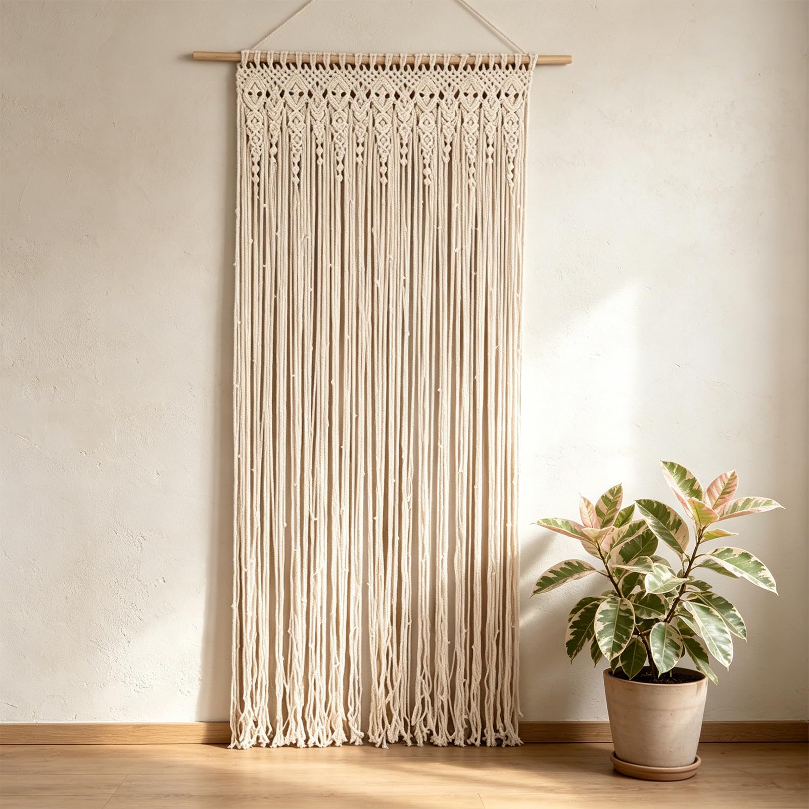 Rideau de porte tissé à la main, tapisserie murale en macramé pour décoration de fond de mariage, tapisserie tissée à la main, beige (90 x 180 cm)