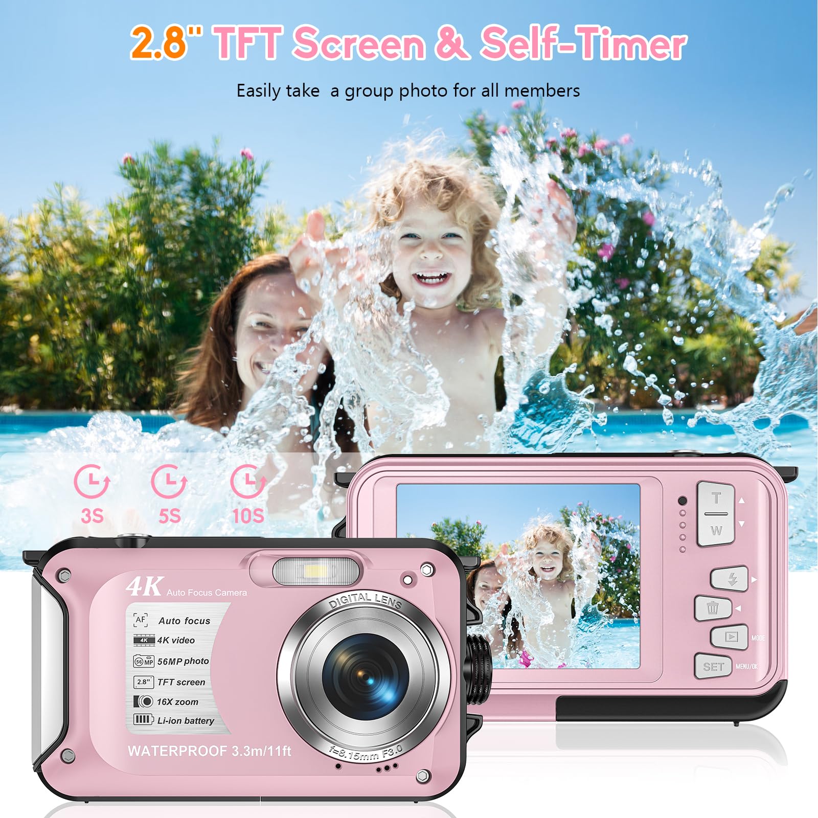 Appareil Photo Numérique Etanche Yixinxin 10FT étanche 4K vidéo 56MP Autofocus 16X Zoom Numérique pour la Plongée en Apnée avec Carte 32GB Rose Bonbon