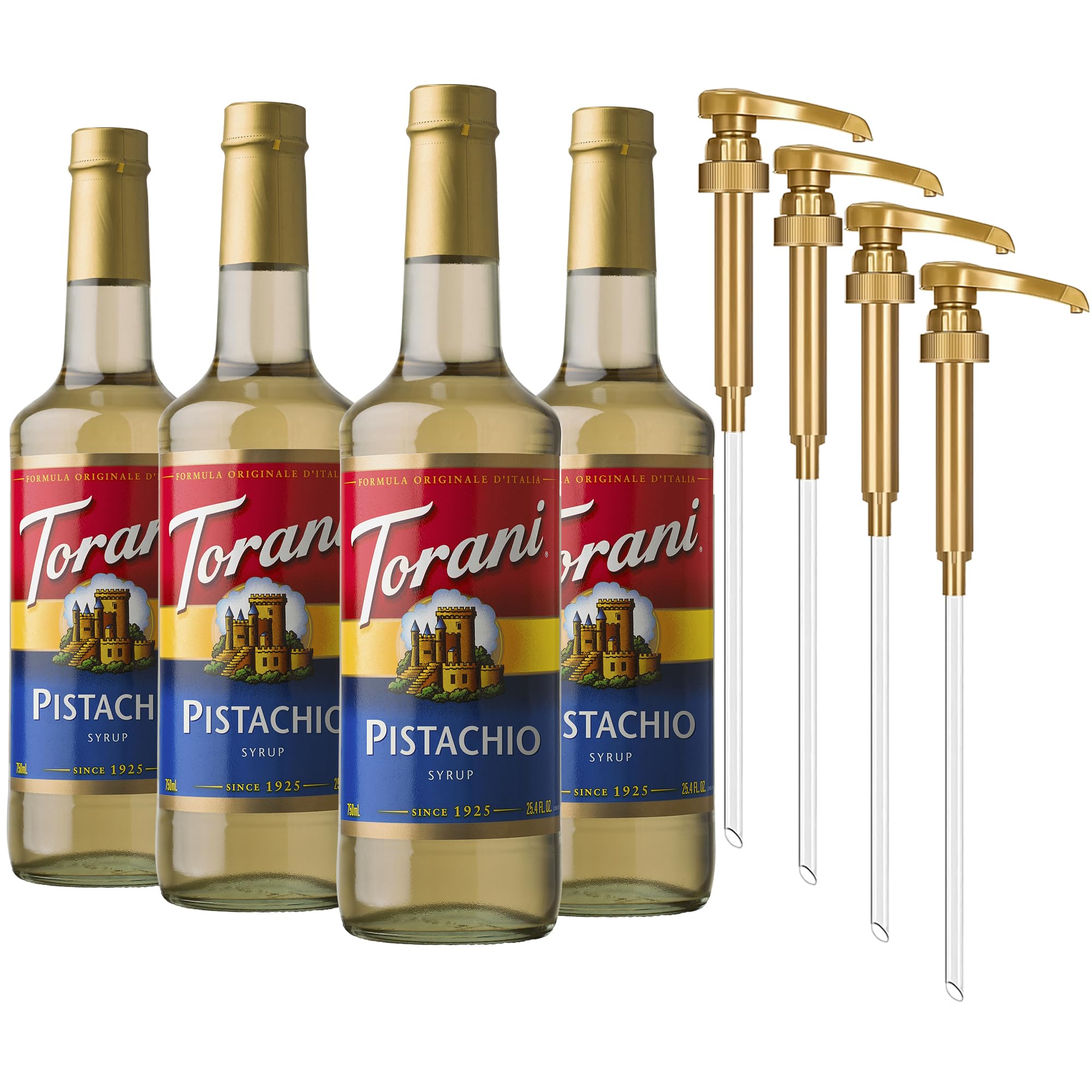 Torani Pistachio Coffee Syrup for Drinks & Desserts, Glass Bottle 4-Pack, Pumps Included, 25.4 Fl Oz Each