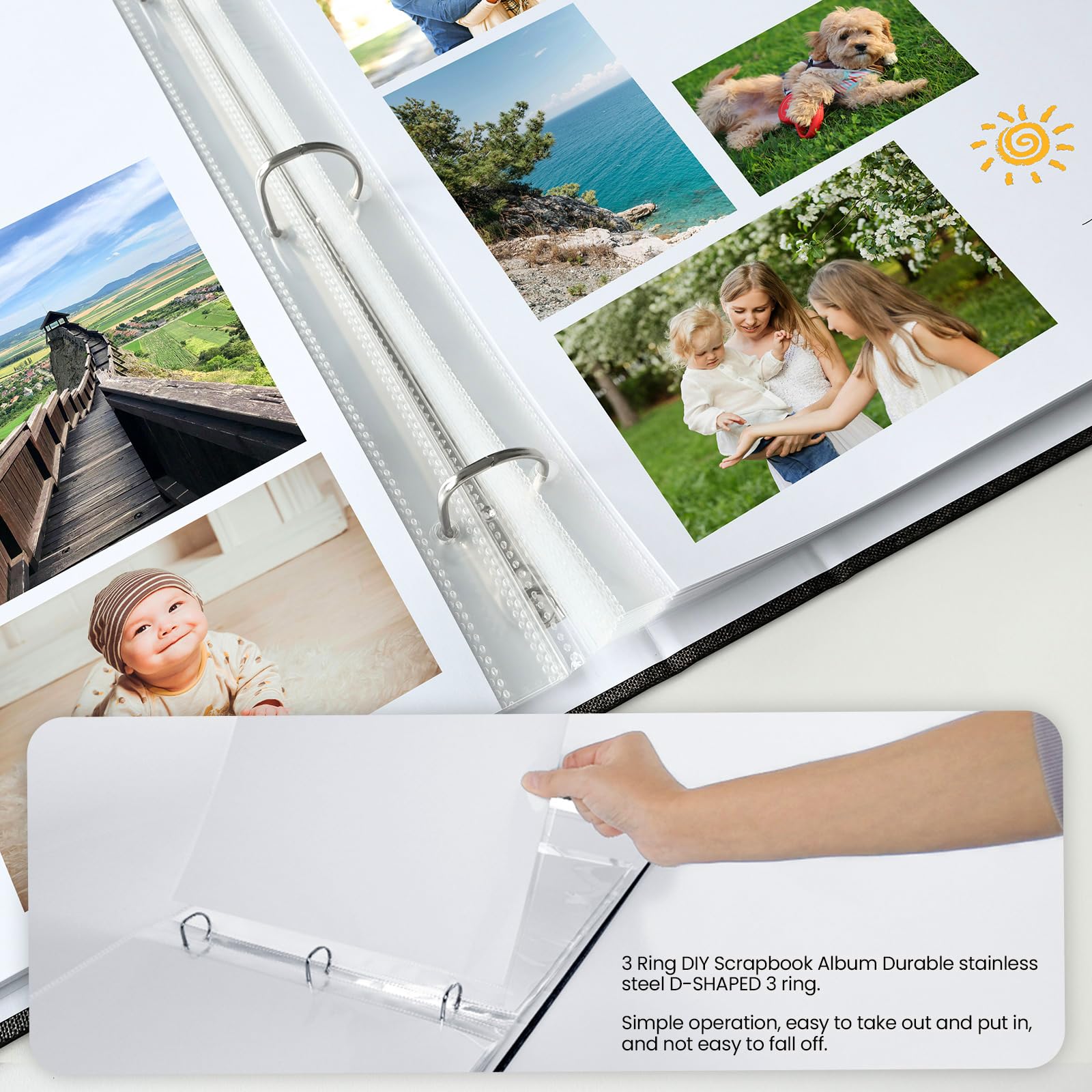 J.west Album fotografico per scrapbooking, 30 x 30 cm, con 30 buste in plastica, 60 pagine bianche, copertina in lino, grande raccoglitore a 3 anelli, album per foto di famiglia, matrimoni, album