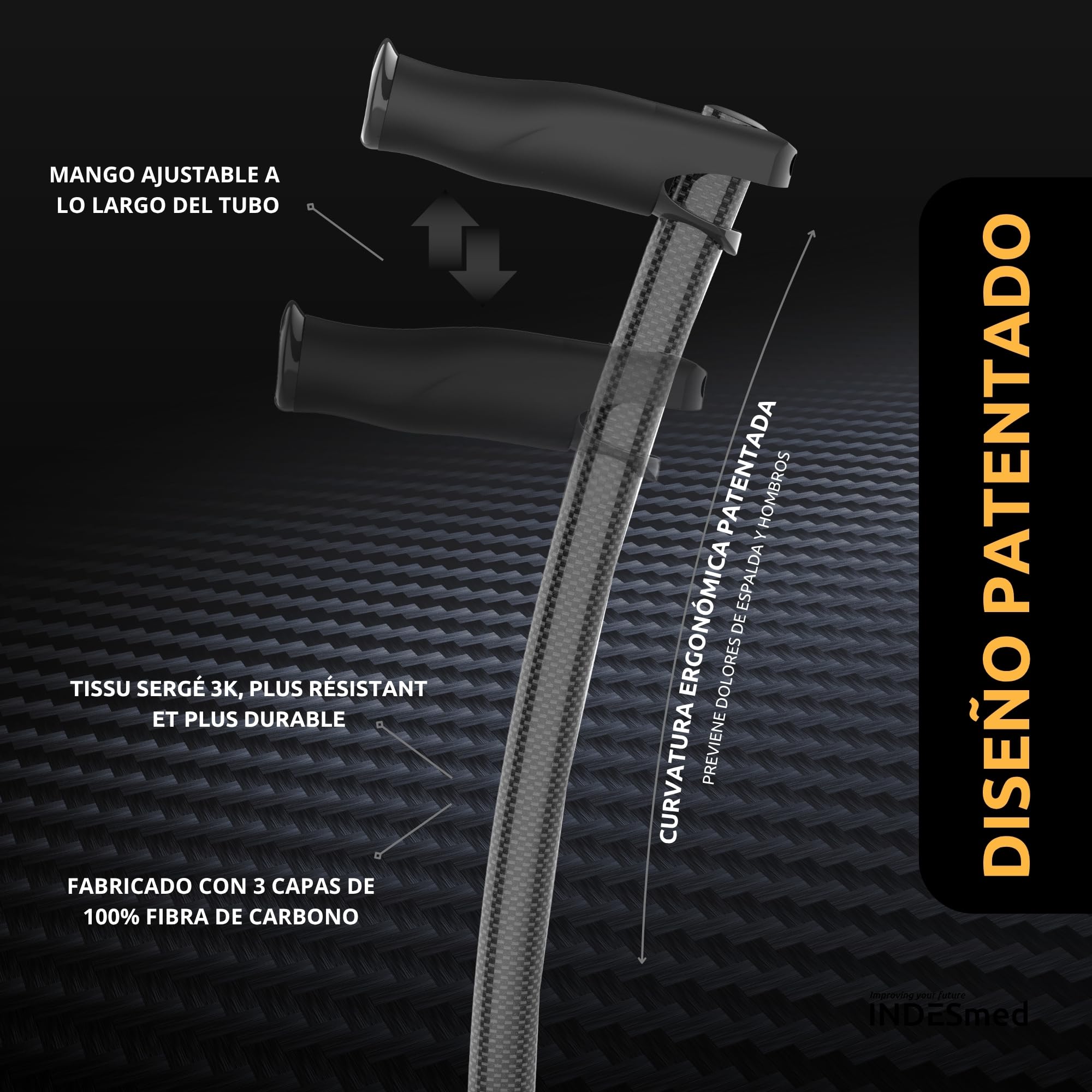 Bastón para Personas Mayores de Fibra de Carbono INDESmed | Ultra-Ligero, Ajustable, Ergonómico y Resistente | Ayuda para Caminar con Mango Antitendinitis | Cómodo y Seguro (Negro, L (175-185cm))