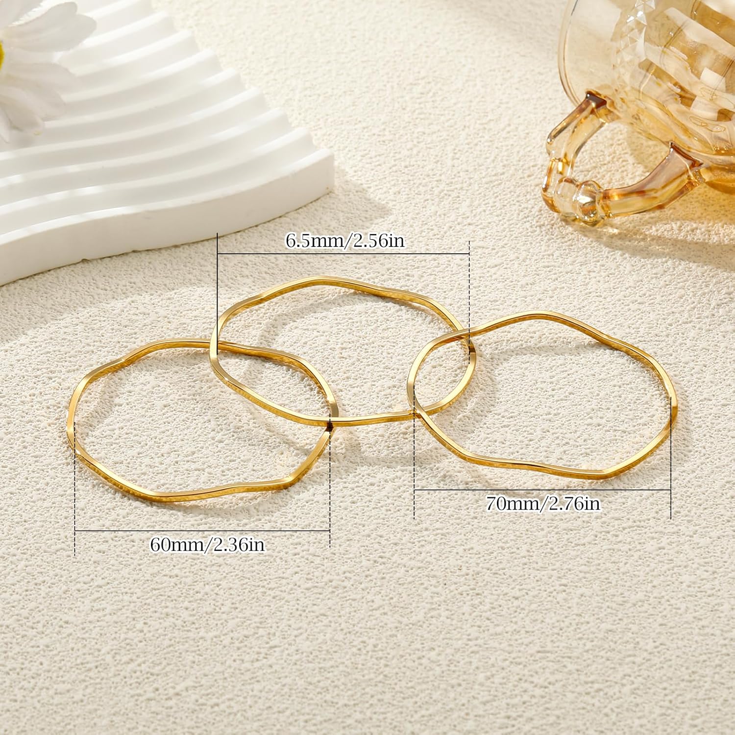 18K Gold Plated Bangles for Women Stainless Steel Glossy Stackable Thin Round Bracelets Solid Plain Polished Bangles Bracelets Set of 3 Jewelry for Women - Image 6