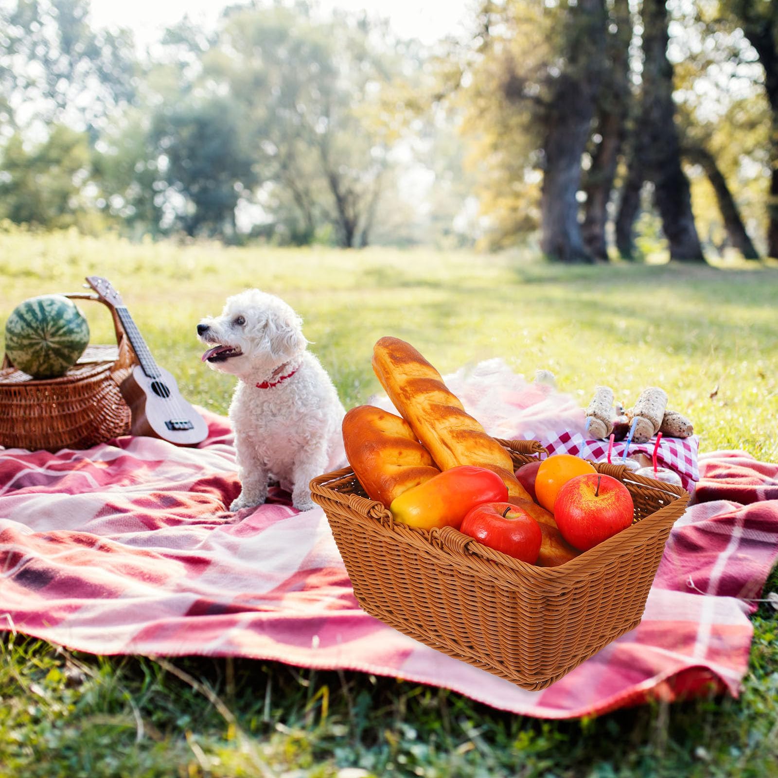 YARNOW Cesta Tejida Portátil de Plástico Marrón para Picnic y Almacenamiento de Frutas y Snacks, Ligera y Fácil de Transportar para Uso Interior y Exterior