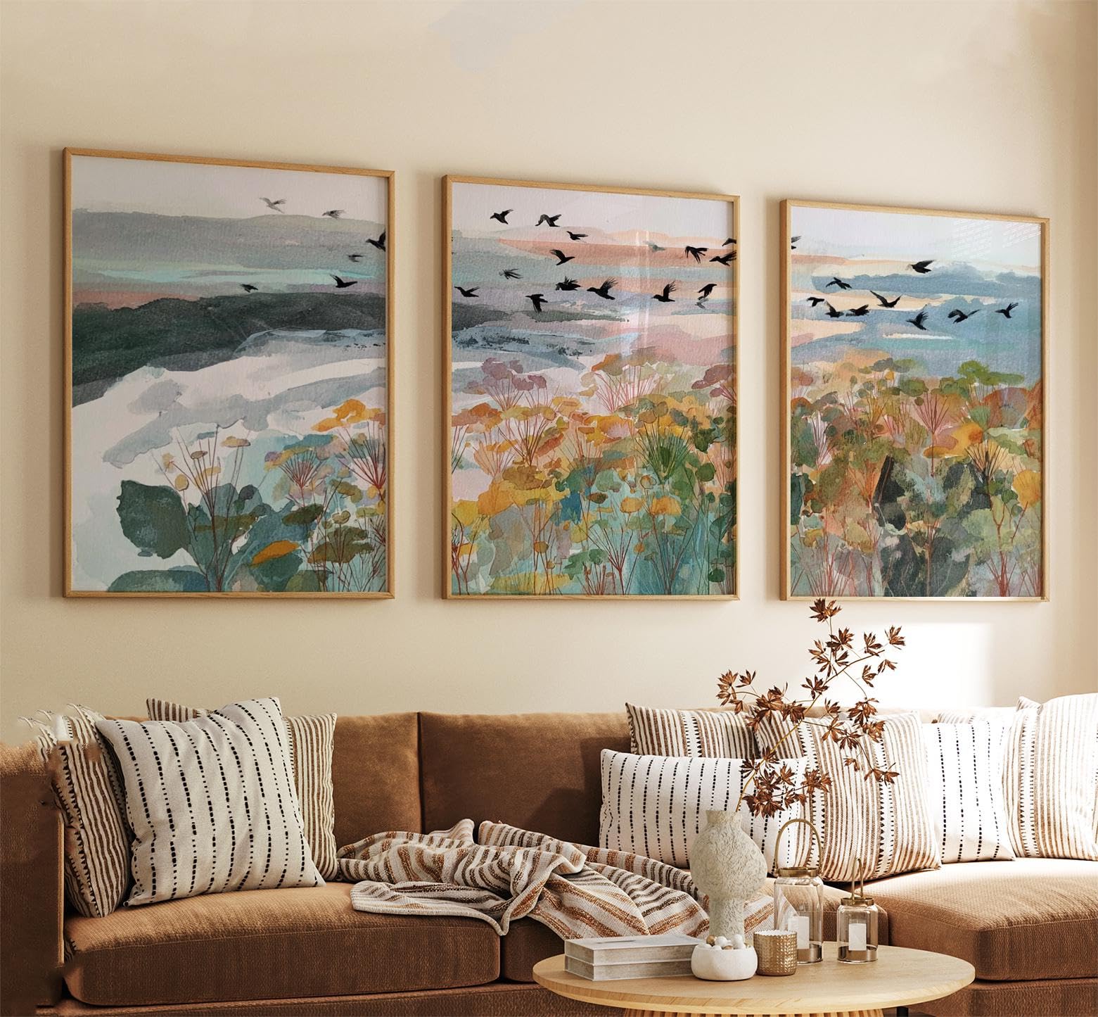 AMOSIJOY Nature Wall Art Set of 3, Botanical Landscape Wall Prints with Birds and Plants, Green Triptych Artwork for Living Room Bedroom Home Decor, Unframed (40×50cm)