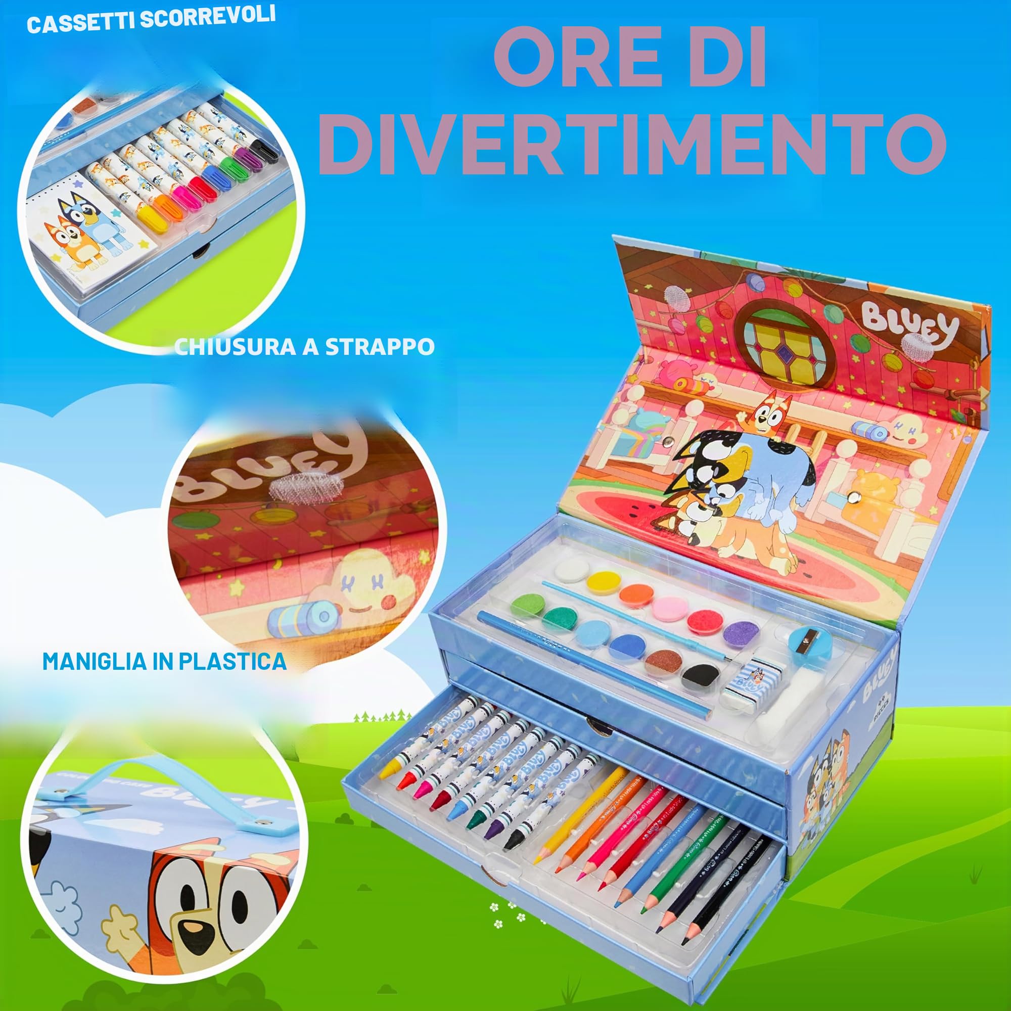 Bluey Valigetta Colori per Bambini, Set Colori Disegno, Penne Colori a Matita Pastelli in Colori Valigetta, Regali Bambini (Blu 3 livelli)