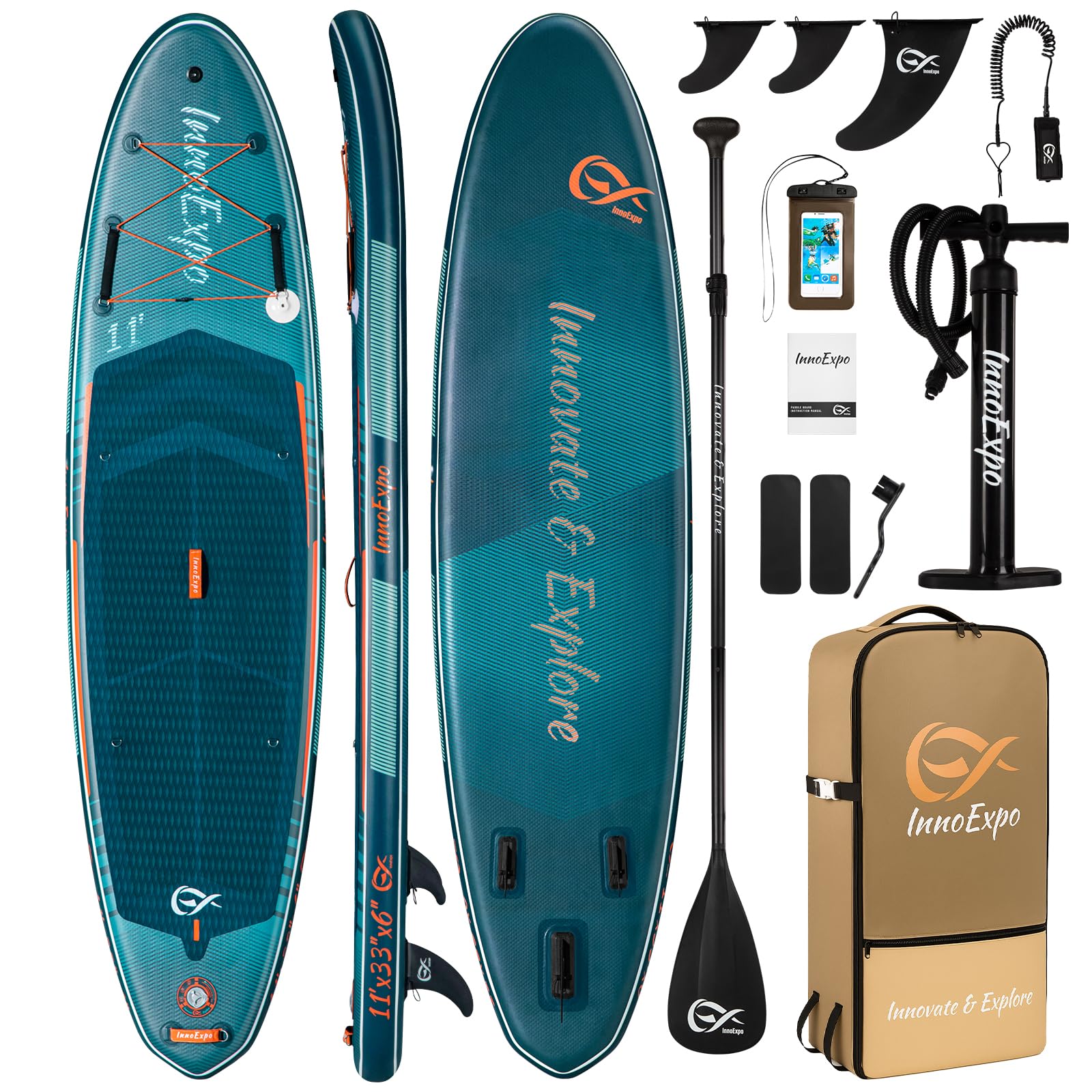 InnoExpo 11' Inflatable Stand Up Paddle Boards with Premium Accessories, Wide Stable SUP Paddle Board Design, Non-Slip Comfort Deck for Youth & Adults