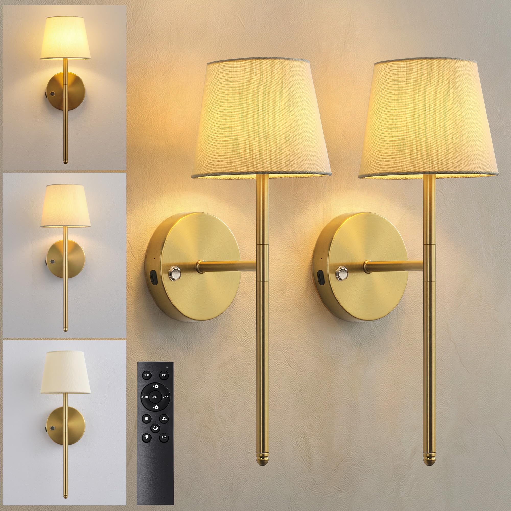 Newsee Gold + Beige Lampshde (2 Pack) Rechargeable Wireless Wall Lights Set Of 2, Battery Operated 5200Mah Dimmable Cordless Wall Sconces With Remote Control, Wall Light With Fabric Shade Lighting For Bedroom, Living Room(Gold)
