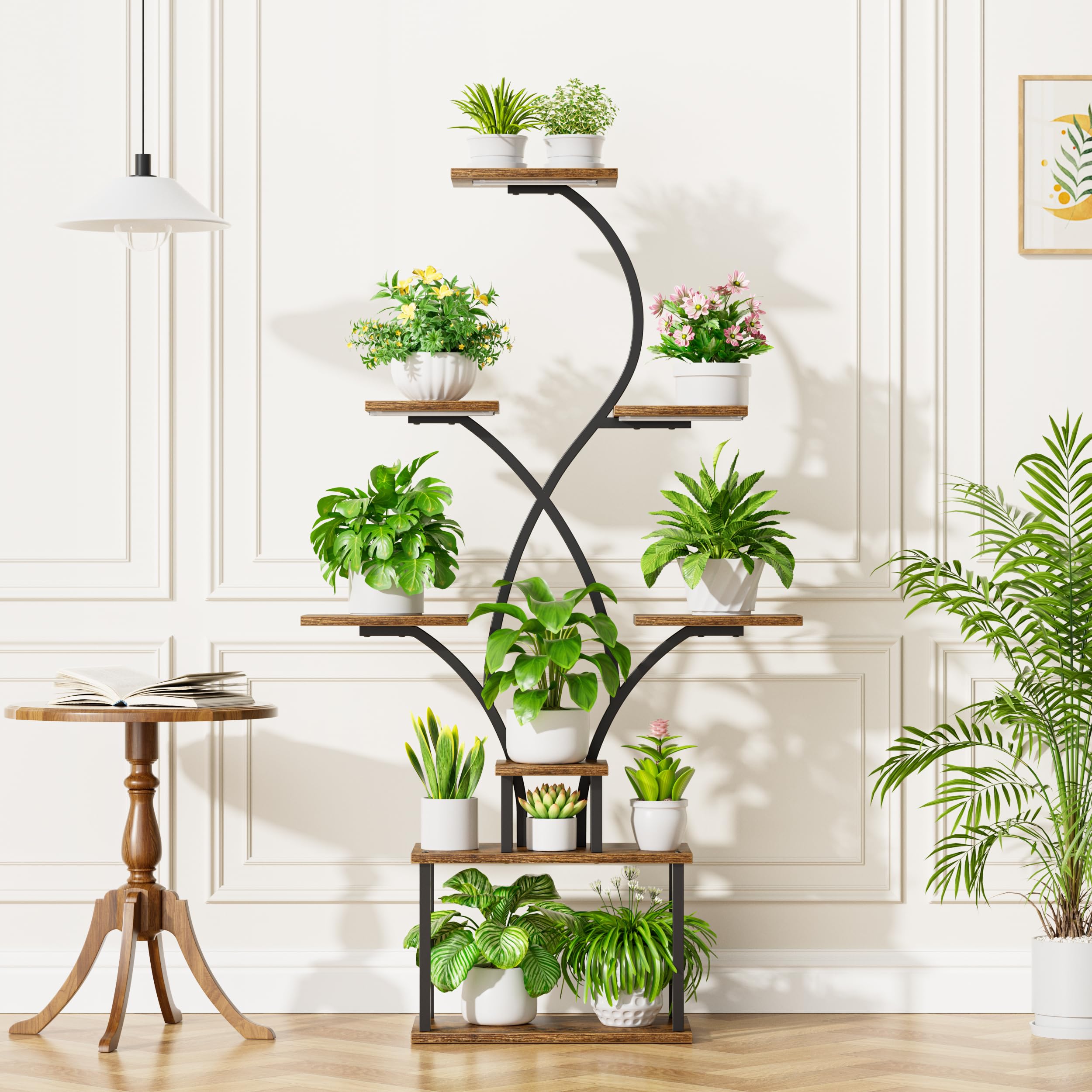 BACEKOLL Estantería para plantas con luz de crecimiento, 8 niveles, 158 cm, metal y madera, soporte para plantas para interior y exterior, color negro