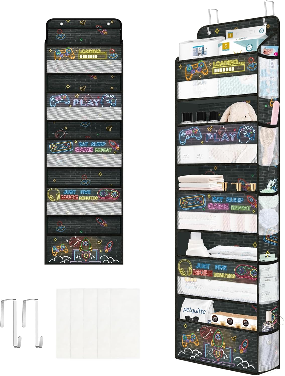 Clastyle Neon Video Gamer Over the Door Organizer with Clear Window Mesh Pocket 44 lbs Weight Capacity Nursery Hanging Shelf for Diaper Toy Closet Door Storage for Bedroom Bathroom Pantry