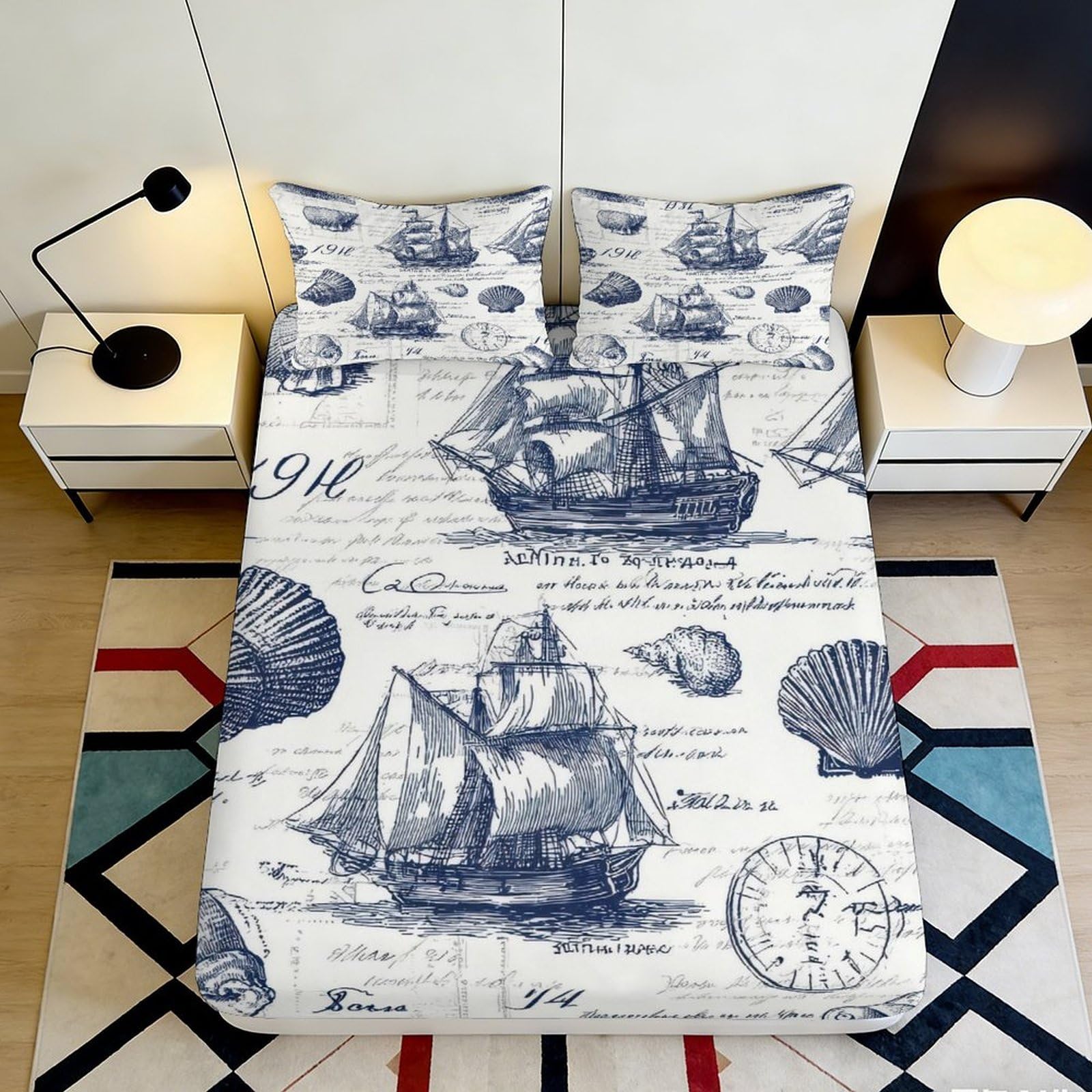 3D Printed Vintage Sailing Ship Fitted Sheet Microfiber Soft Breathable Nautical Map Bed Cover for Bedroom Guest Room Mattress Protection Decor 180x200x25cm