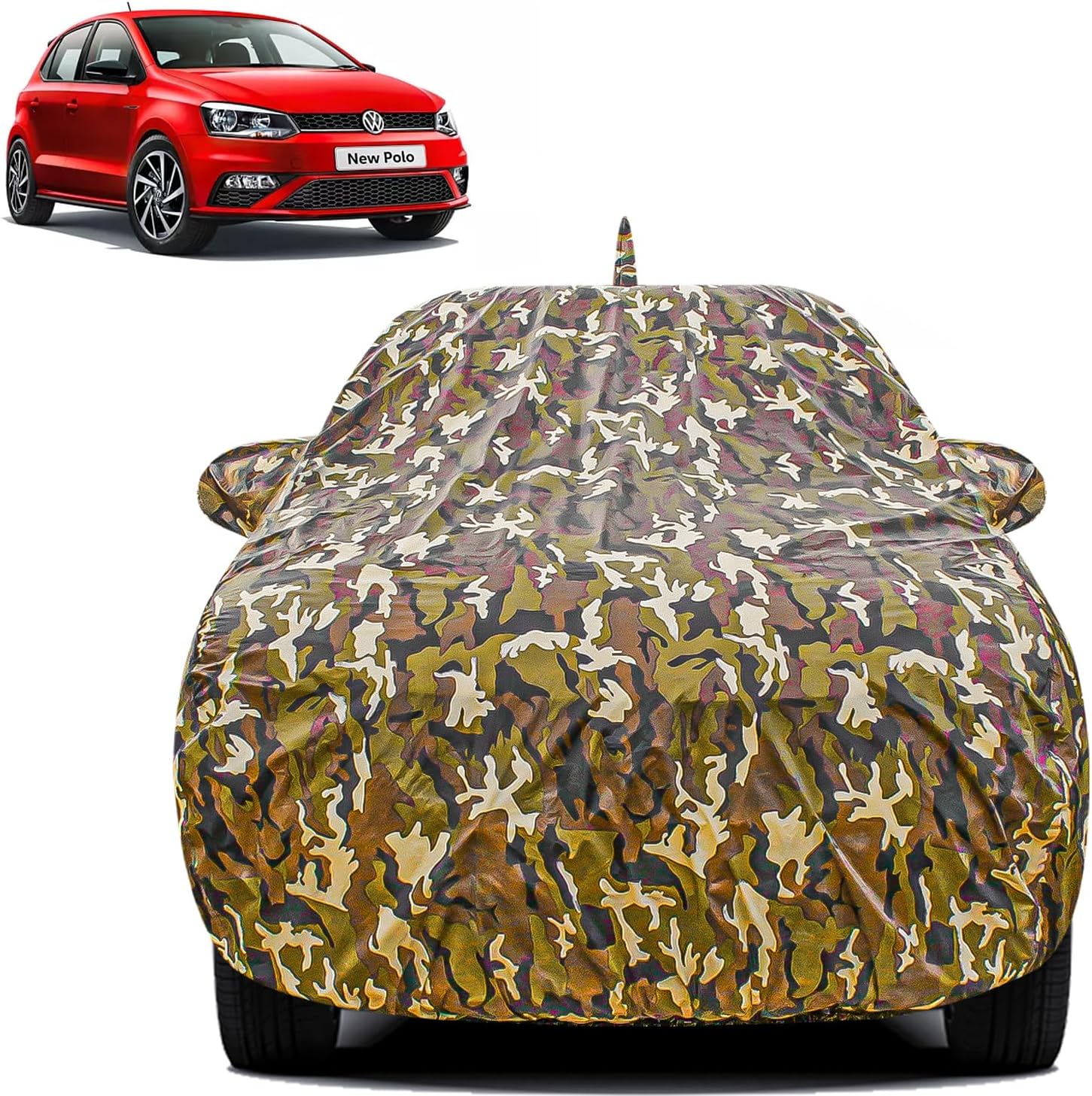 FABTEC Waterproof Car Body Cover for Volkswagen Polo with Mirror and Antenna Pocket, Triple Stitched (Military, Jungle Print, Camouflage Design)