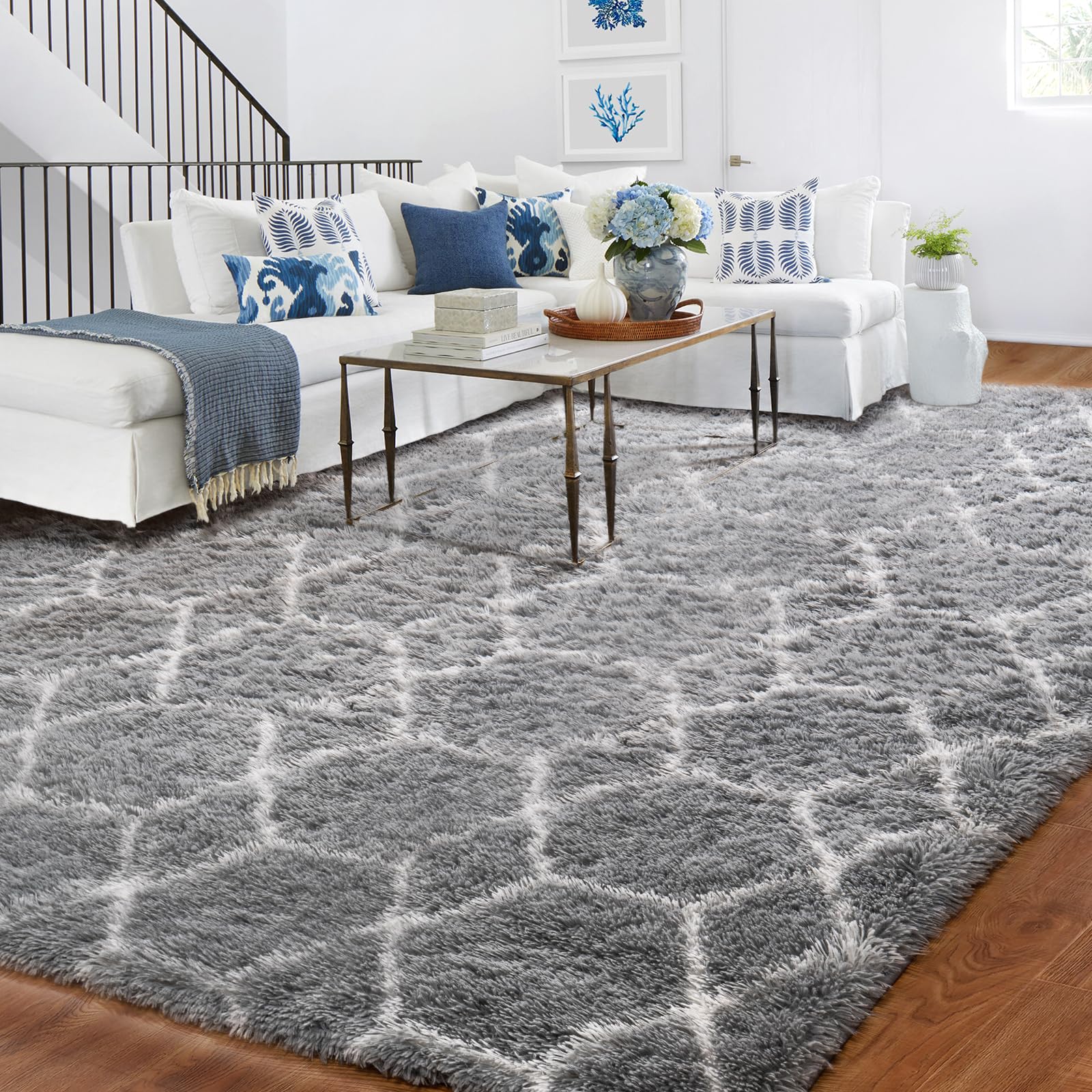 BYBSRLL Kariert und Geometrisch Teppiche, Flauschig Wohnzimmer Teppich Waschbar Schlafzimmer Deko Kinderteppich, Weich Hochflor Bettvorleger Läufer Kuschelteppich