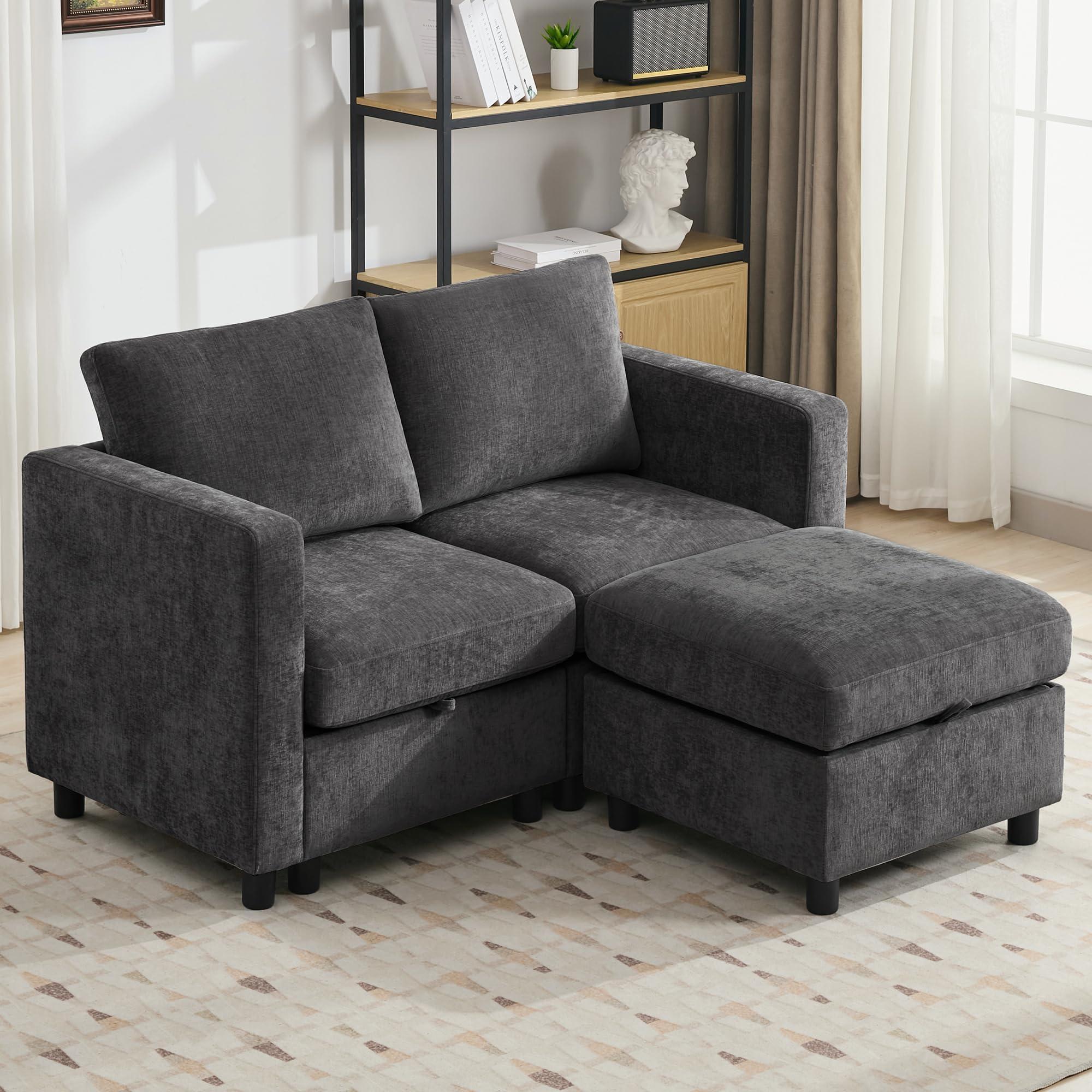 WUTUTUEE 58”Modular Sectional Loveseat Sofa with Storage, Comfy Office L Shaped Sofa Couch, Chenille Love Seat Modular Sectional Couch with Movable Ottoman for Living Room, Bedroom, Dark Grey