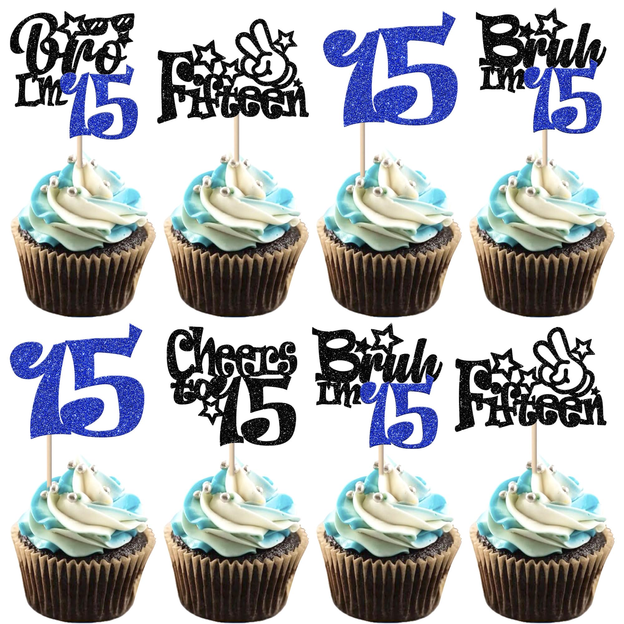 30 Stück Bro I'm 15 Cupcake Toppers Glitzer Cheers to 15 Tortendeko Bruh I'm 15 Kuchen Deko für Prost auf Fünfzehn Jahre alt Geburtstag Party Kuchen Dekorationen Schwarz Blau
