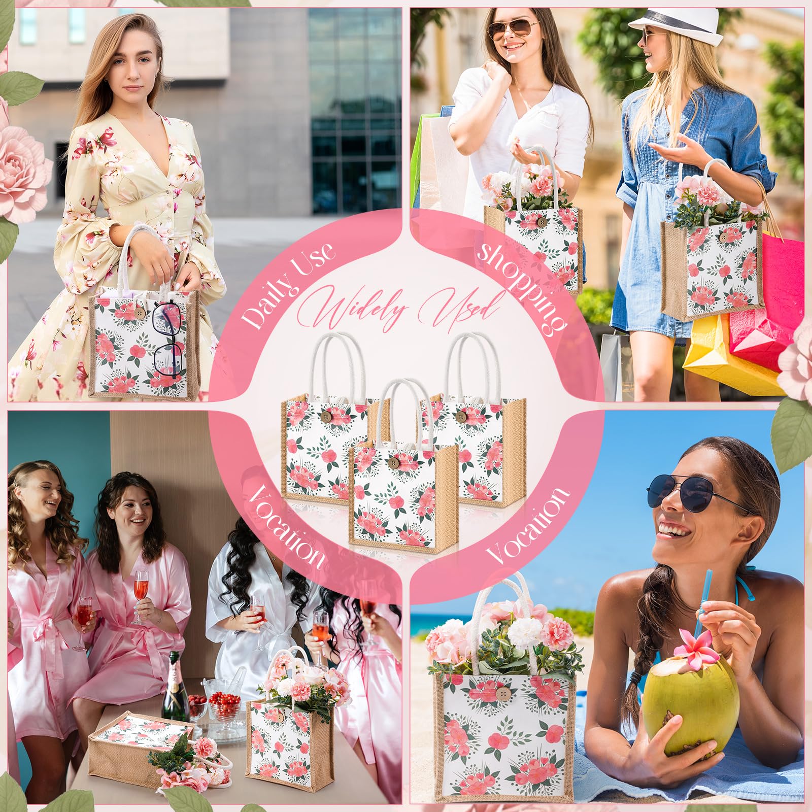 Abbylike Kwiatowa torba prezentowa, mini, wielokrotnego użytku, kwiat, Cielito Lindo, jutowa torba na cukierki, z guzikiem, na wiosnę, ślub, wieczór panieński, przyjęcie (retro różowe kwiaty)