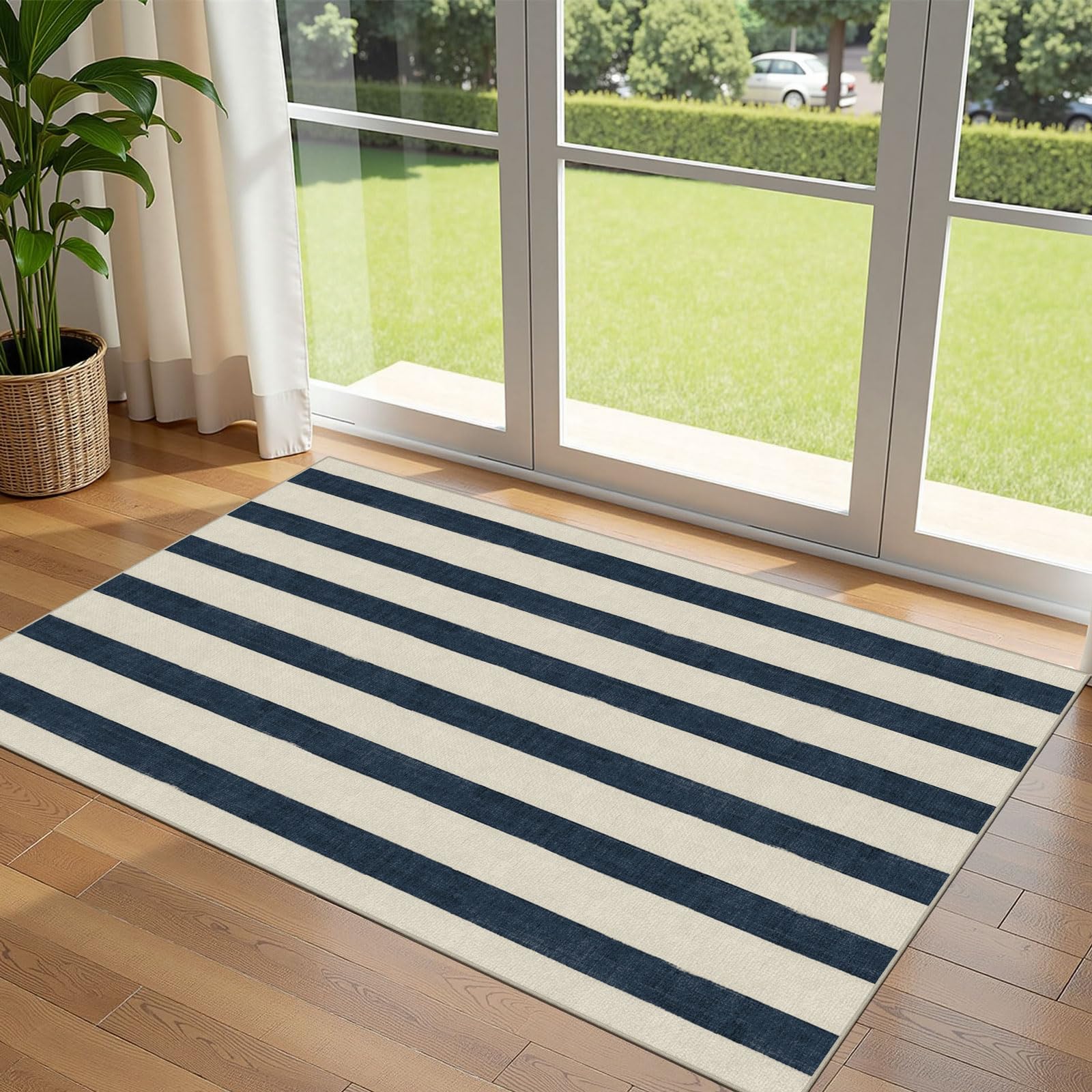 Othilic Blue and White Striped Entry Rug - 3x5 Ft Washable Indoor Outdoor Front Door Mat Outside Entrance Front Porch Mat Non-Slip Floor Carpet for Bedroom Entryway Kitchen Office Porch Decor — image 1