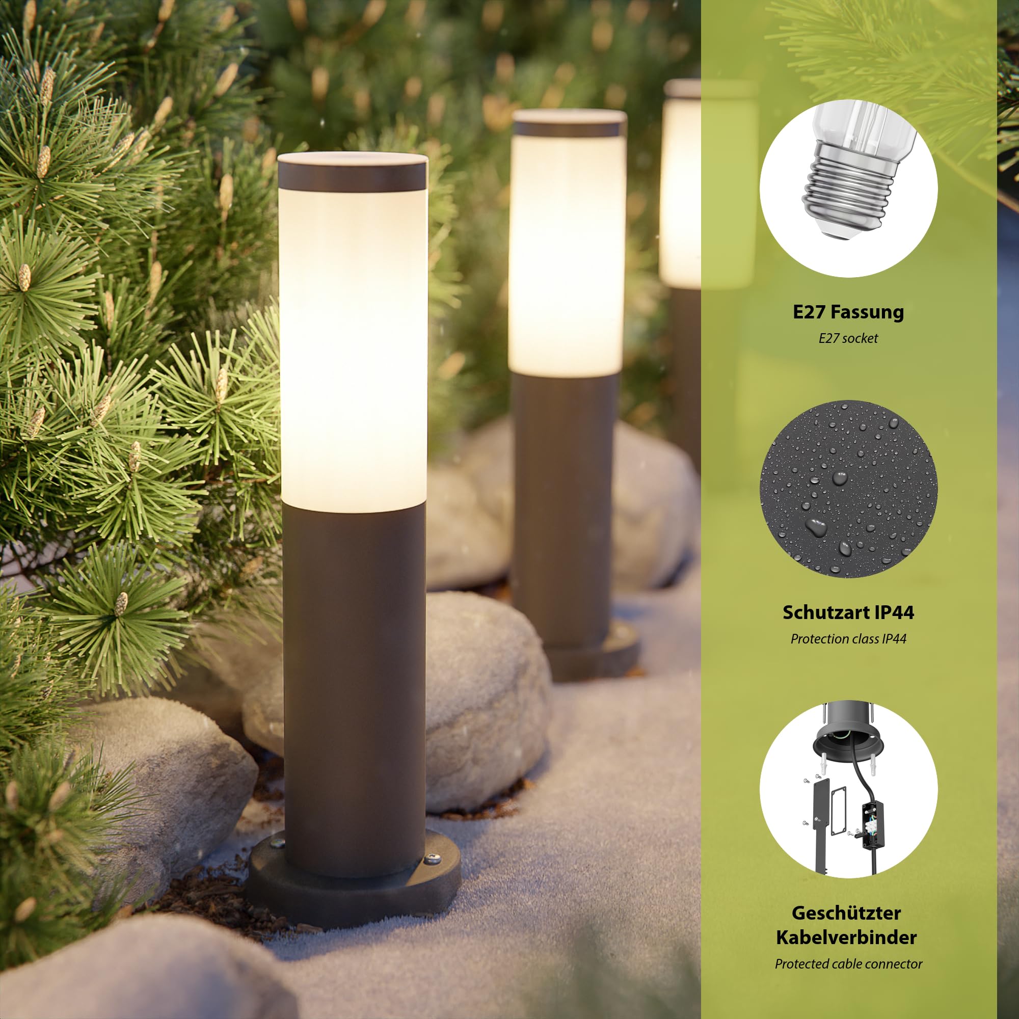 ledscom.de 4x Wegelicht/Pollerleuchte/Gartenleuchte PORU mit Erdspieß für außen, IP44, 39cm, anthrazit, 1 x E27 max. 60W