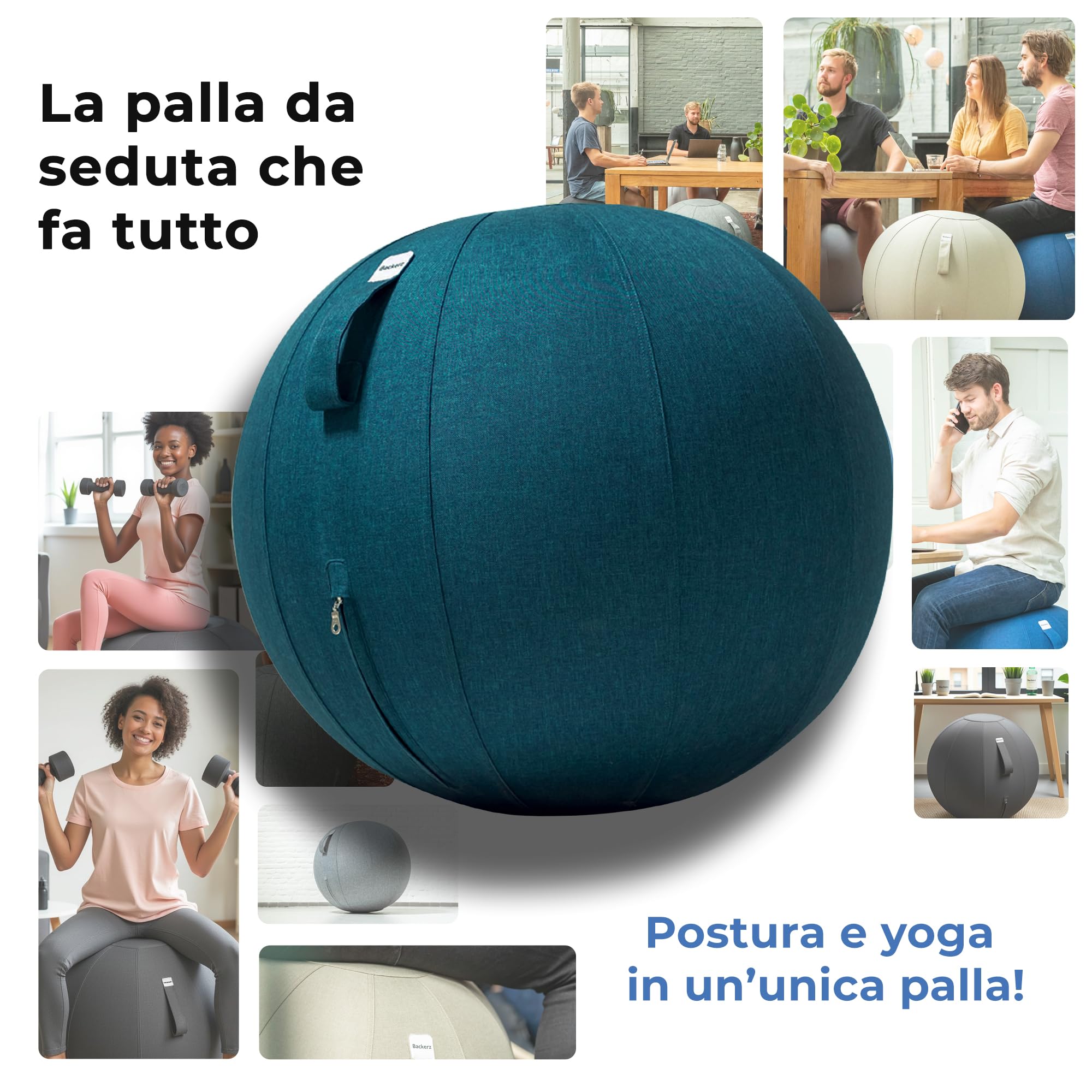 Backerz Palla da seduta per ufficio e casa, 65 cm, per yoga, con rivestimento, ergonomica, in lino