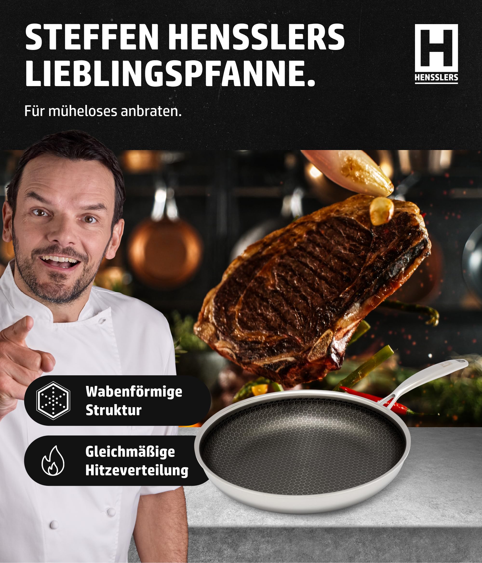HENSSLERS® Pfanne 28 cm [ALLE HERDARTEN] - Bratpfanne zum Braten & Kochen - Antihaft Wabenpfanne - Induktion geeignet - Induktionspfanne - Pfanne Wabenstruktur 28cm - Schnitt- & Kratzfest