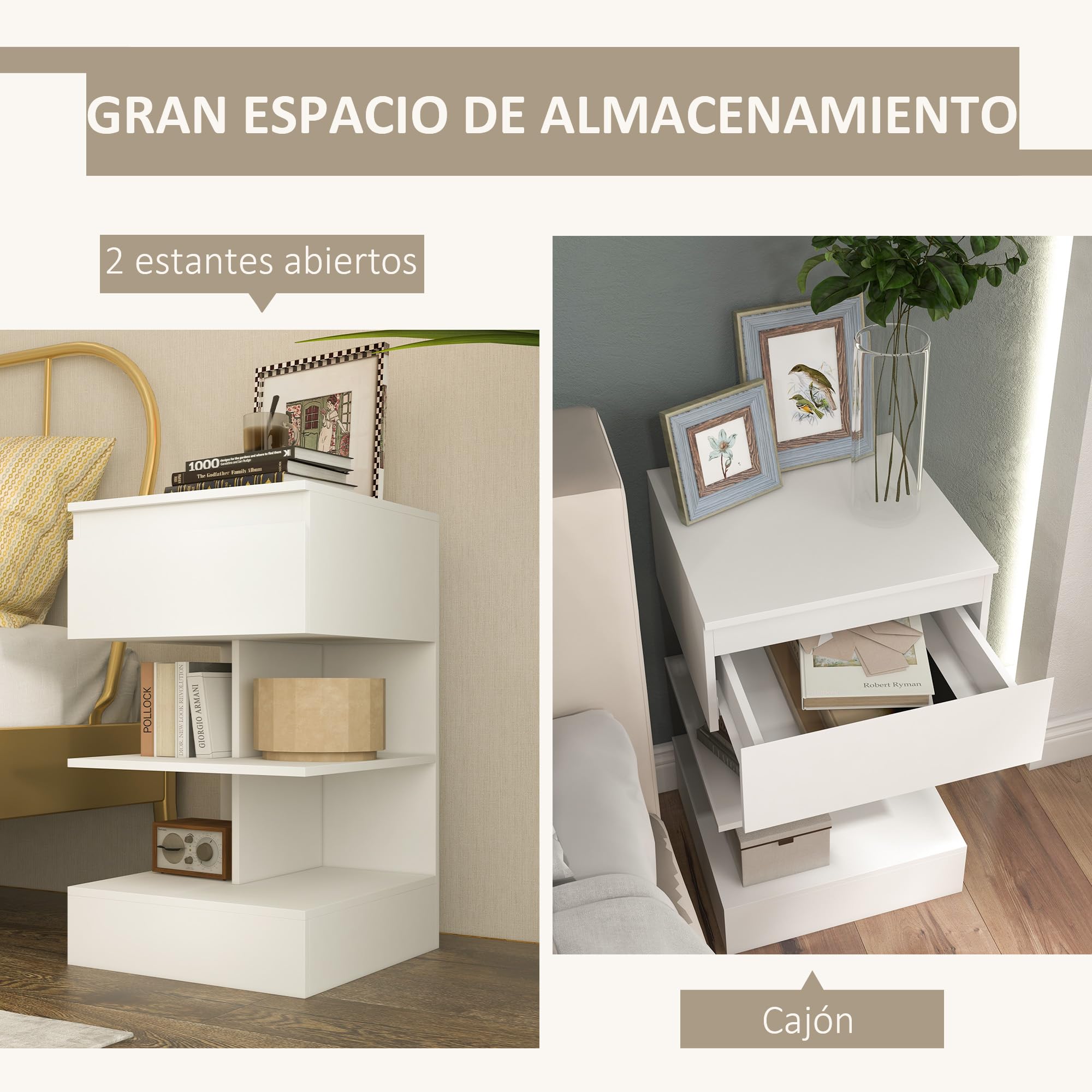 HOMCOM Mesita de Noche Mesa Auxiliar con Cajón para Cama 39x39x65 cm Blanco | 2 Estantes Abiertas, Dormitorio Salón Oficina, Estilo Moderno