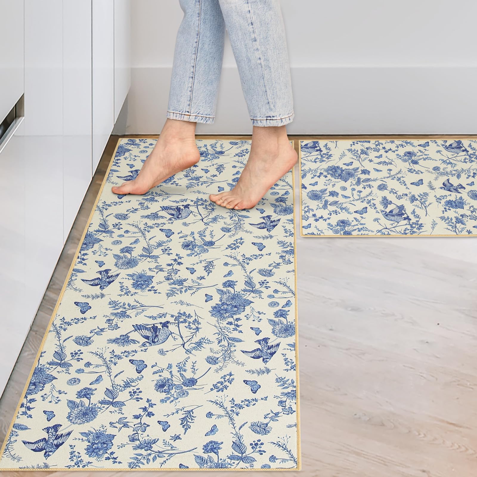 JarThenaAMCS Blue Floral Kitchen Mats Chinoiserie Flower Bird Butterfly Kitchen Rugs Anti-Slip Rectangle Floor Mats for Spring Summer Party Home
