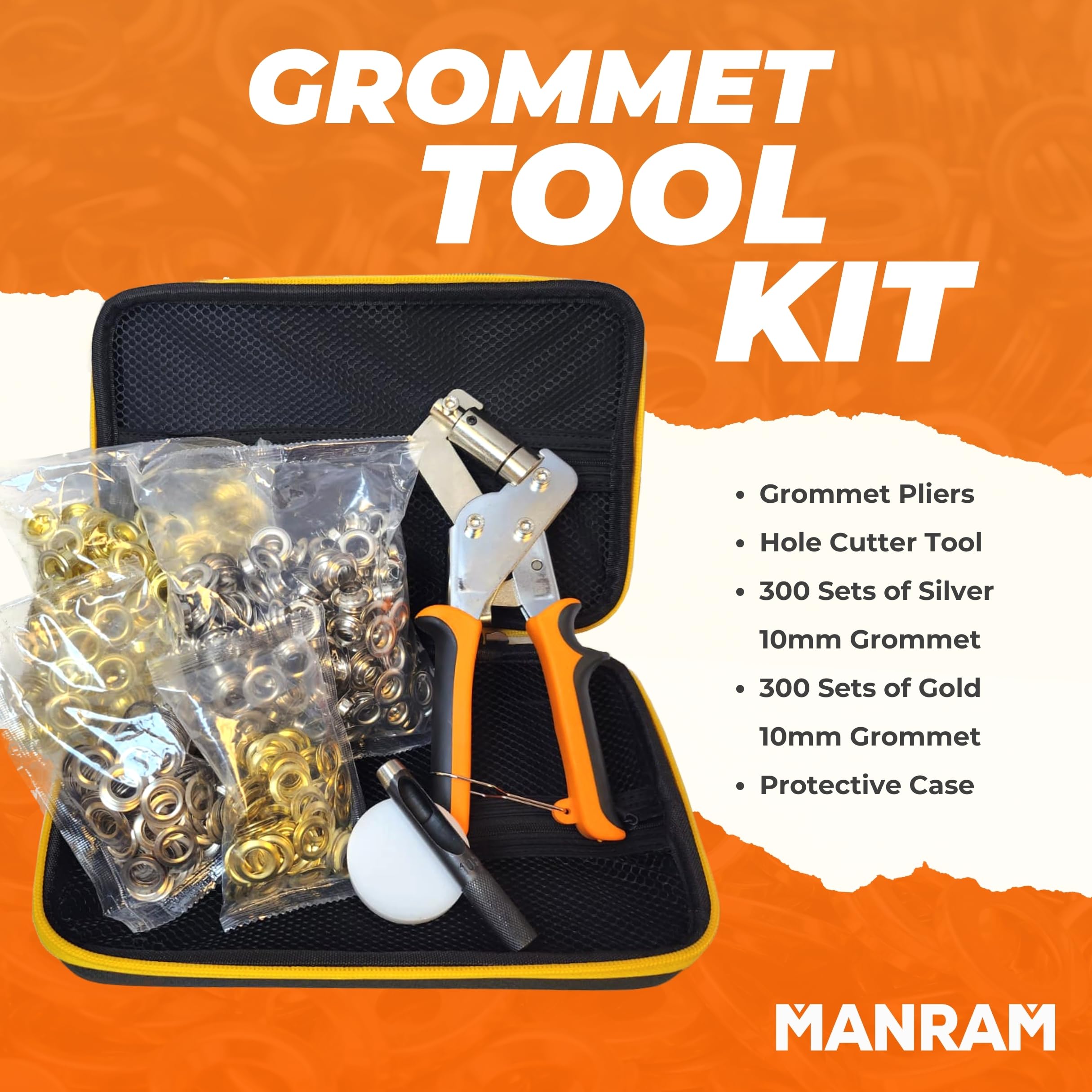 Kit de herramientas con ojales – Alicates de prensa de ojales de 10 mm, herramienta de alicates para lonas, tela y cuero, perforadora de ojales con perforador y 600 ojales