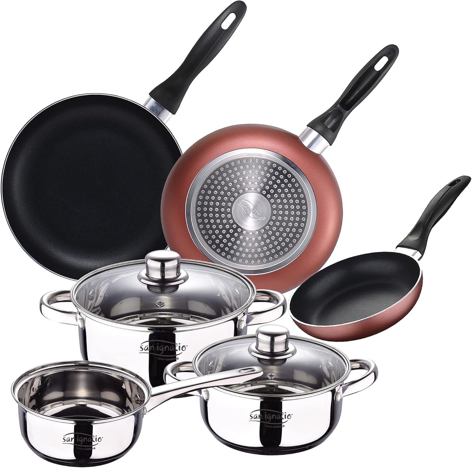 San Ignacio 5-Piece Stainless Steel Battery: Saucepan Ø16 x 7.5 cm, saucepans Ø18 x 8.5 and Ø20 x 9.5 cm, Induction + Set of 3 Frying Pans Ø16/20/24 cm, Pressed Aluminium, Suitable for Induction