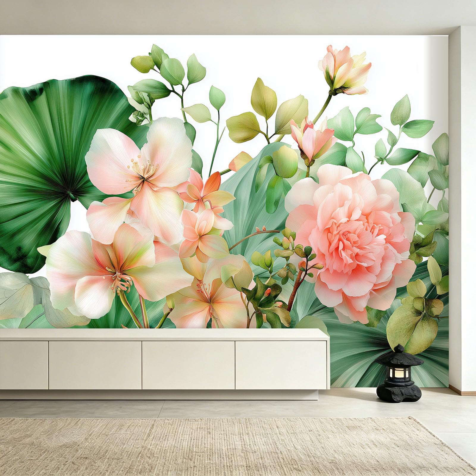 Carta da parati fotografica in tessuto non tessuto, acquerello, scandinavo, piante tropicali, effetto 3D, fantasiosa carta da parati da parete per camera da letto e soggiorno, 300 x 210 cm, colore