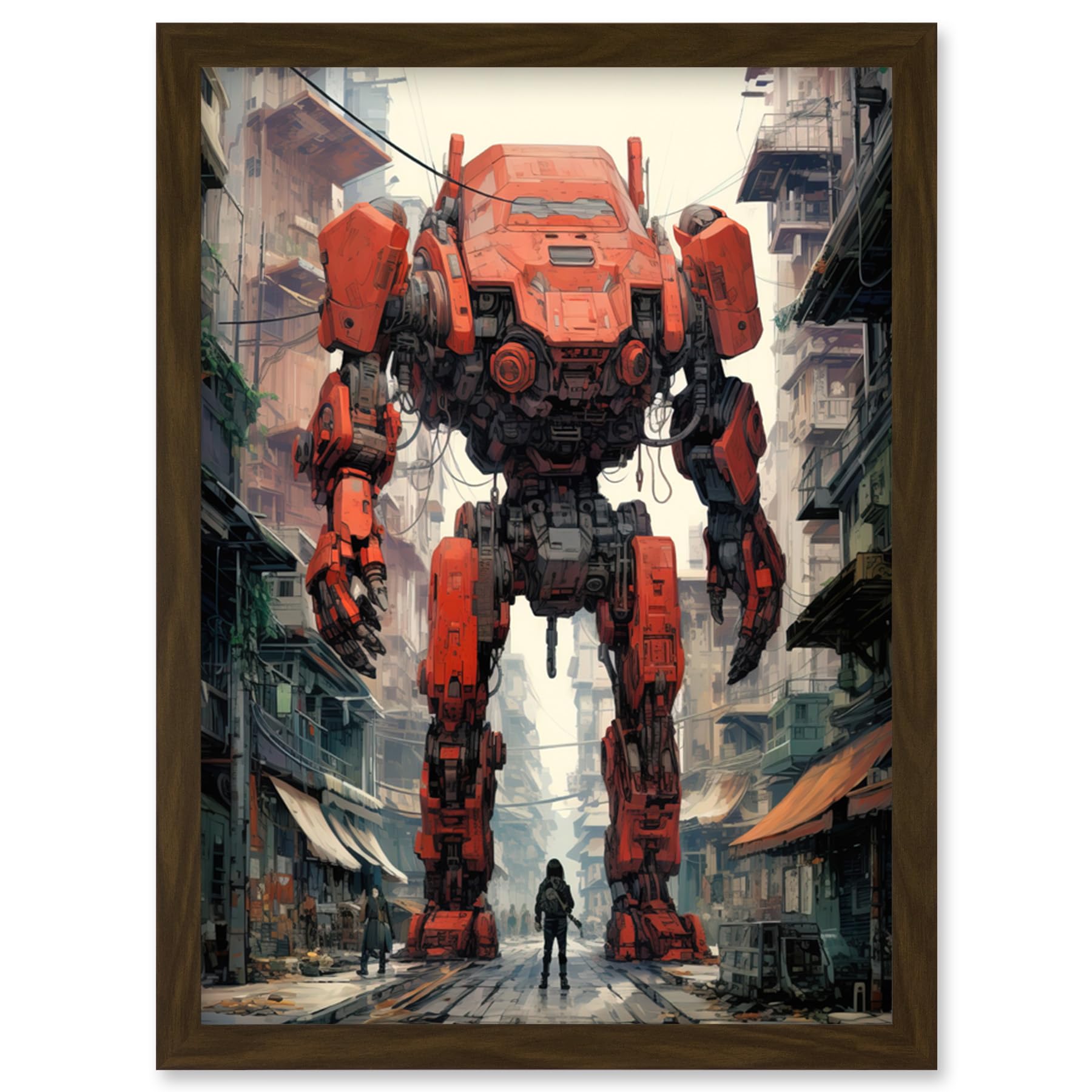 Artery8 Red Mecha Robot in City Street Anime Sci-Fi Artwork Giant Humanoid Machine Fantasy Science Fiction Artwork Framed Wall Art Print A4