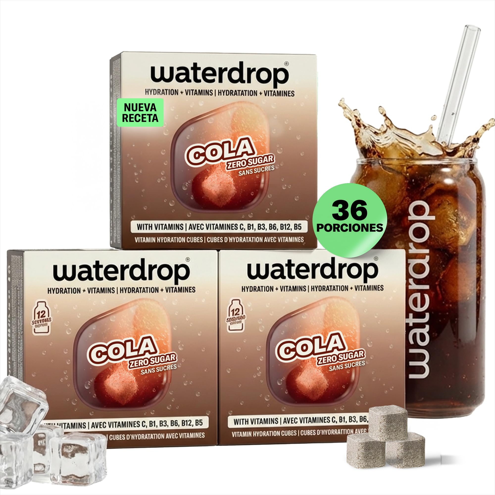 waterdrop® Microdrink Cola NUEVA RECETA – 36 saborizantes para agua sin azúcar, auténtico sabor a cola, cero calorías, con vitaminas, alternativa saludable a refrescos, ideal para agua con gas