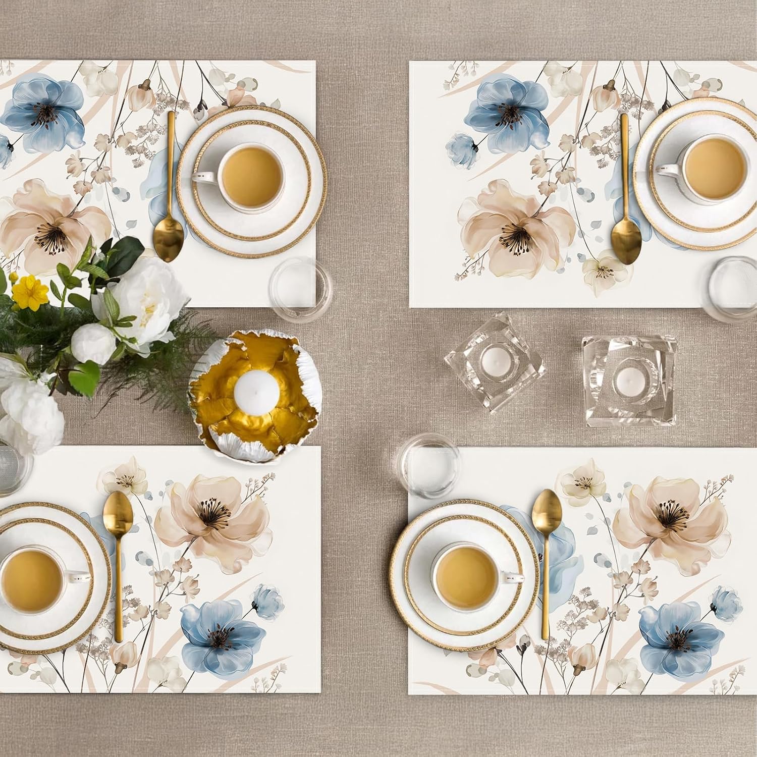 Bonhause Watercolor Floral Placemats Set of 4, 12x18 Inch Blue Brown Flower Leaves Kitchen Dining Table Mats Washable Place Mats for Indoor Outdoor Home Party Decor
